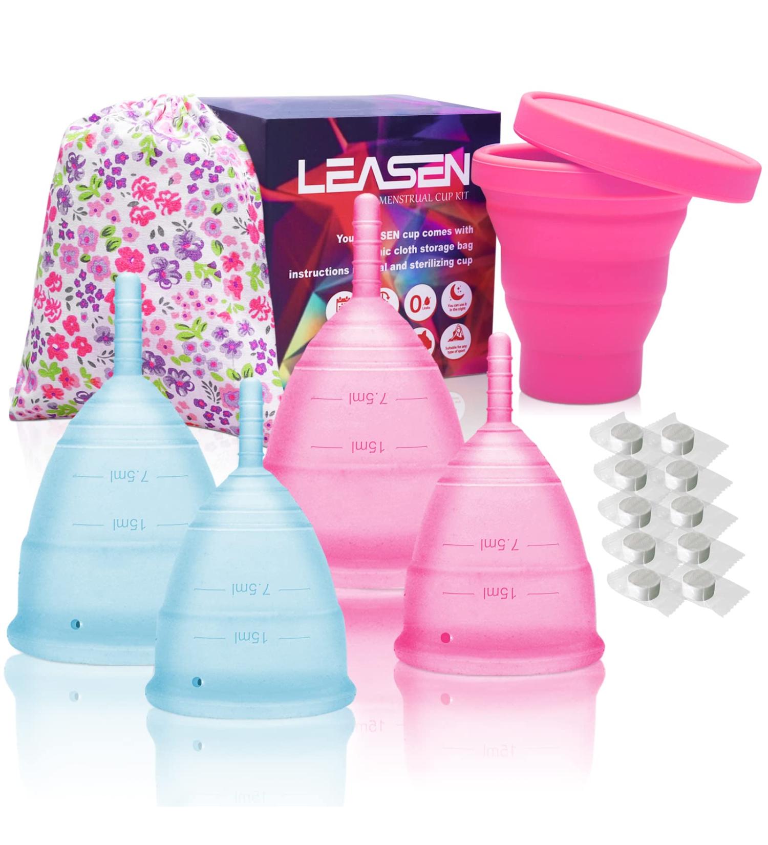 LESEN Menstrual Cup Set - 4 Reusable Period Cups in Blue and Pink - Soft Medical-Grade Silicone - Sterilizer Period Kit Included - Buy Online on GoSupps.com