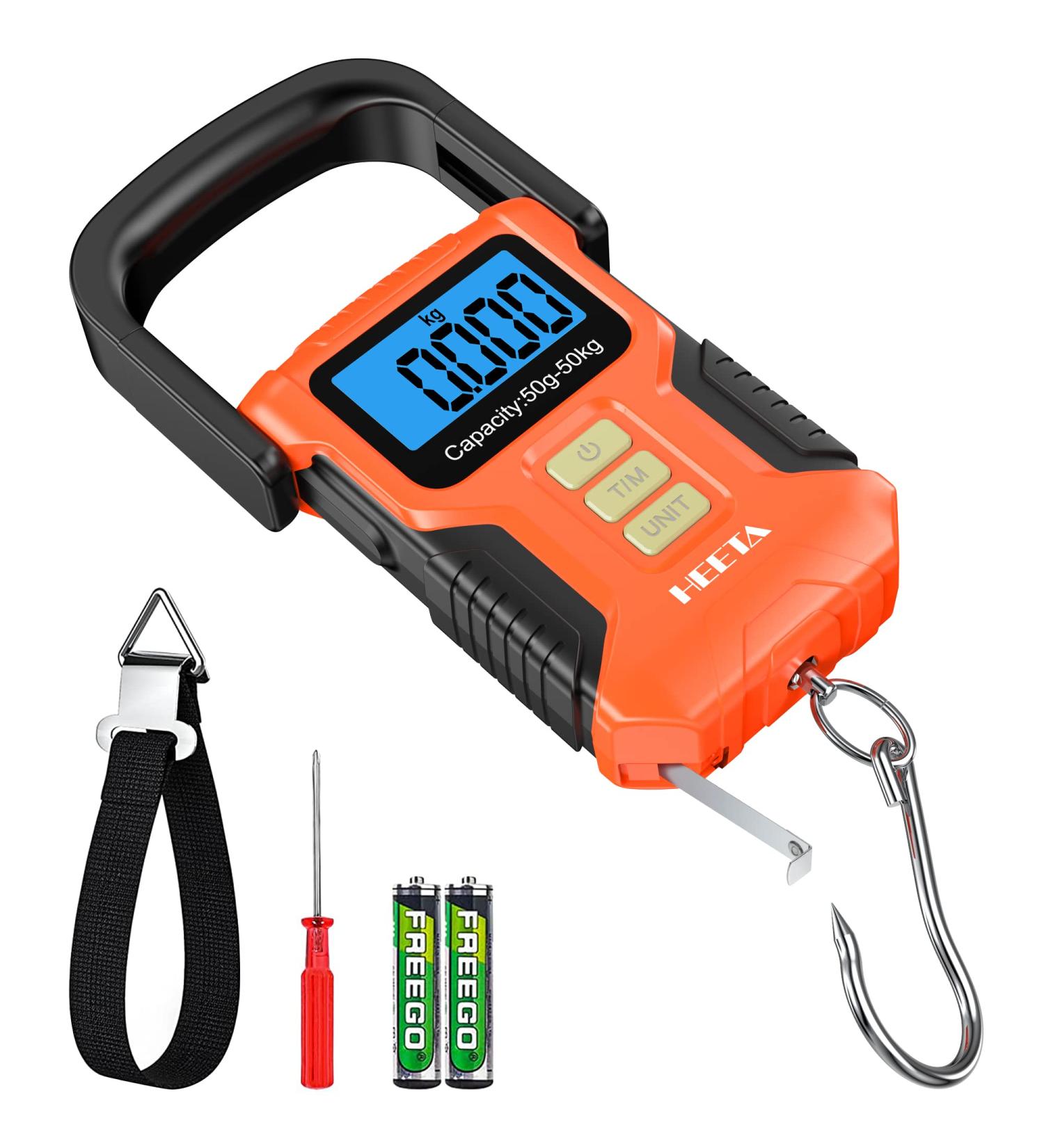 HEETA Waterproof Digital Fishing Scale 110lb/50kg with Memory Function, Portable Hanging Luggage Scale - Backlit LCD Display, Fluorescent Button, 40 Ruler - Orange - Buy Online on GoSupps.com