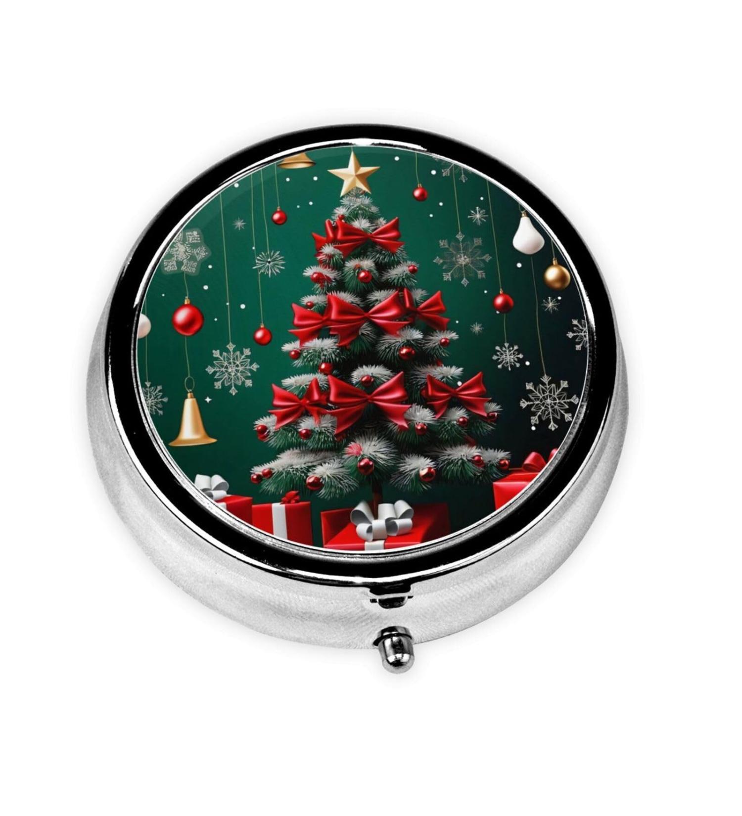 Portable Metal Pill Box - Christmas Trees & Presents Design 3-Compartment Travel-Friendly Hinged Fastening Ideal for Small Pills - Buy Now - Buy Online on GoSupps.com