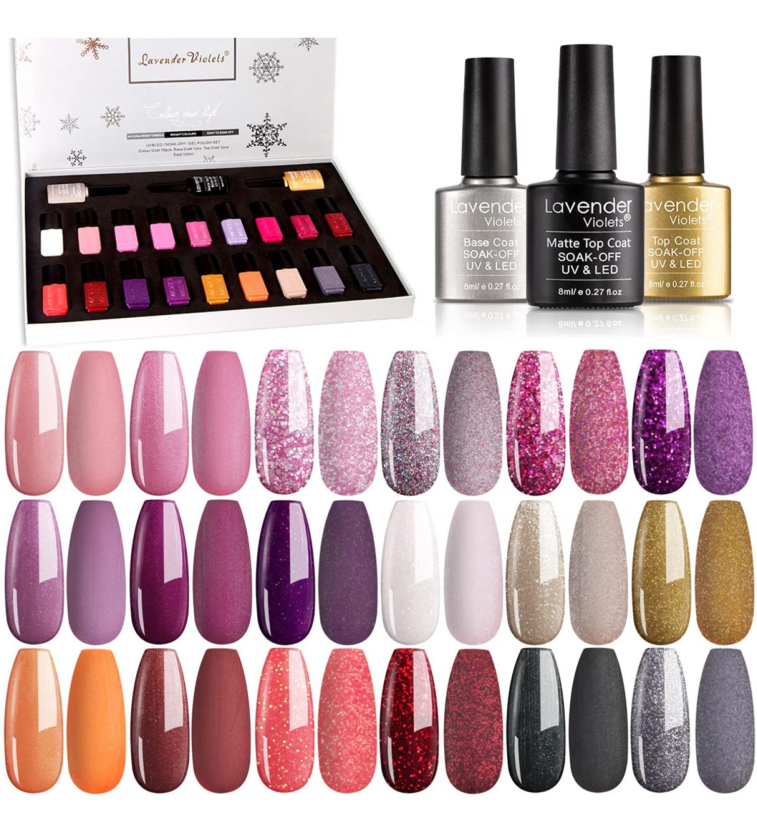 Lavender Violets Gel Nail Polish Kit - 21 Piece Set with 18+3 Colors, UV/LED Soak-off, Base & Top Coat - Trendy Shimmer Finish - 0.16 Fl Oz - Buy Online on GoSupps.com