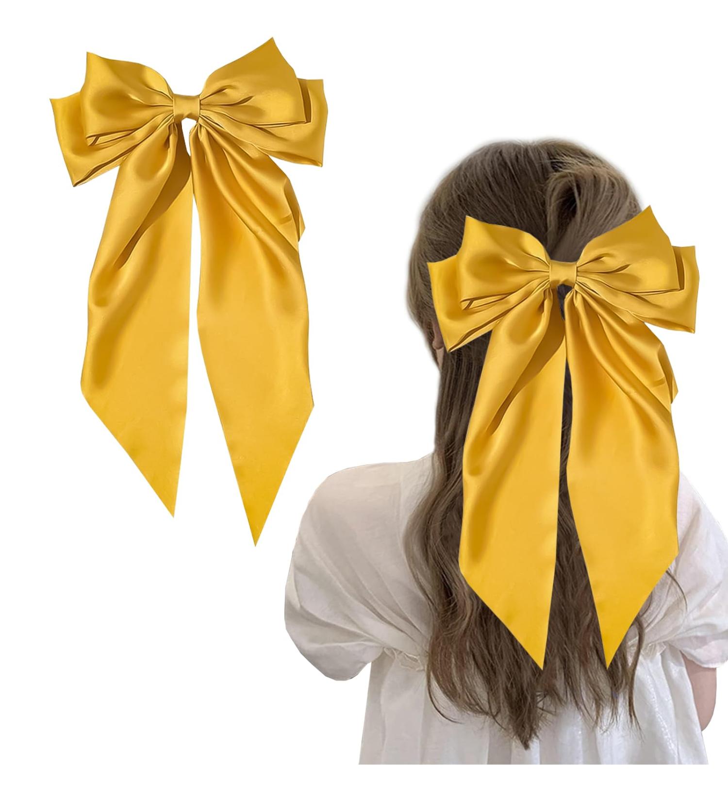 Yellow Big Hair Bow with French Barrette Clip - Satin Silky Hair Accessory for Women and Girls - Buy Online on GoSupps.com