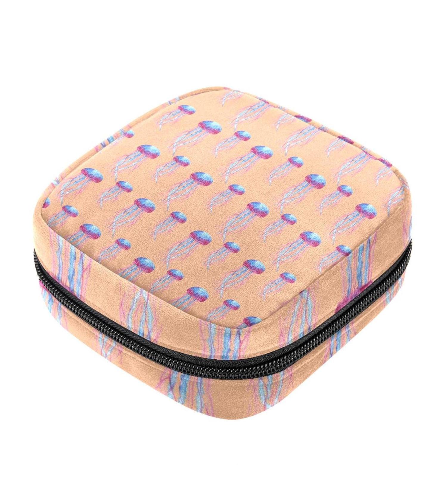 Menstrual Bag with Zipper | Ladies Napkin & Tampons Pouch for Women & Girls | Blue & Red Jellyfish Design - Buy Online on GoSupps.com