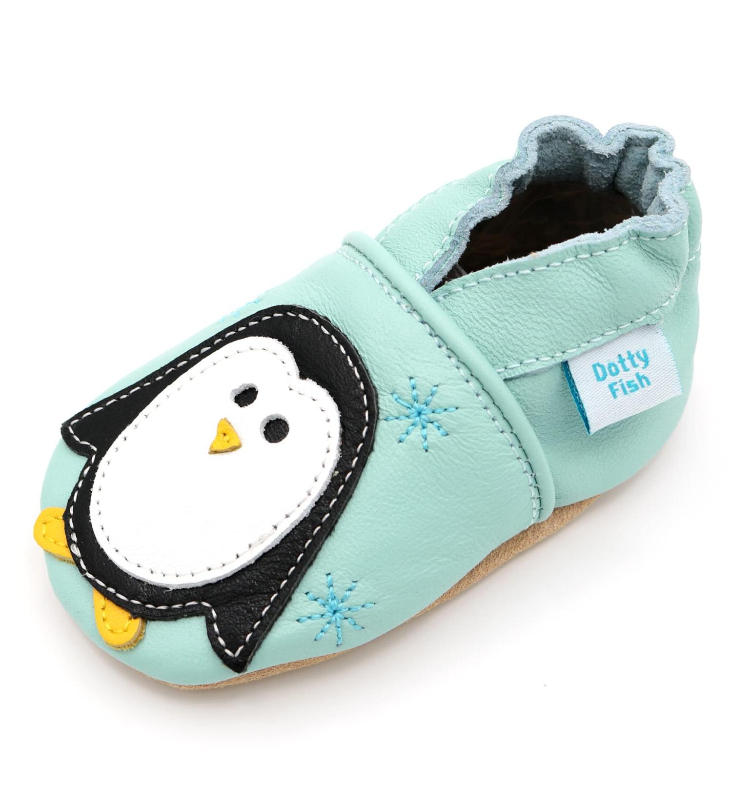 Dotty Fish Soft Leather Baby Shoes for Boys | Non Slip Toddler Shoes with Cute Penguin Design | 3-4 Years Minty Blue - Buy Online on GoSupps.com