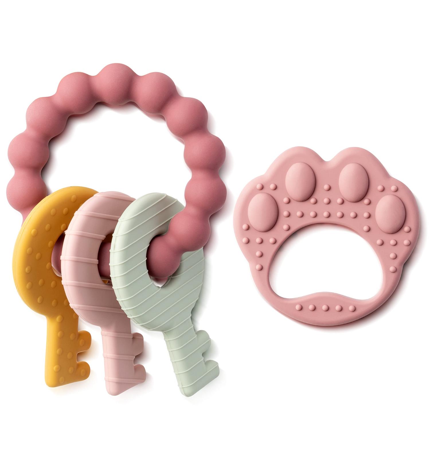 BWkoss 2Pcs Silicone Teething Toys - Pink Baby Wrist Teether Set for Infants & Toddlers, Key Paw Design - Baby Shower, Birthday, Valentines, Easter Gifts - Buy Online on GoSupps.com