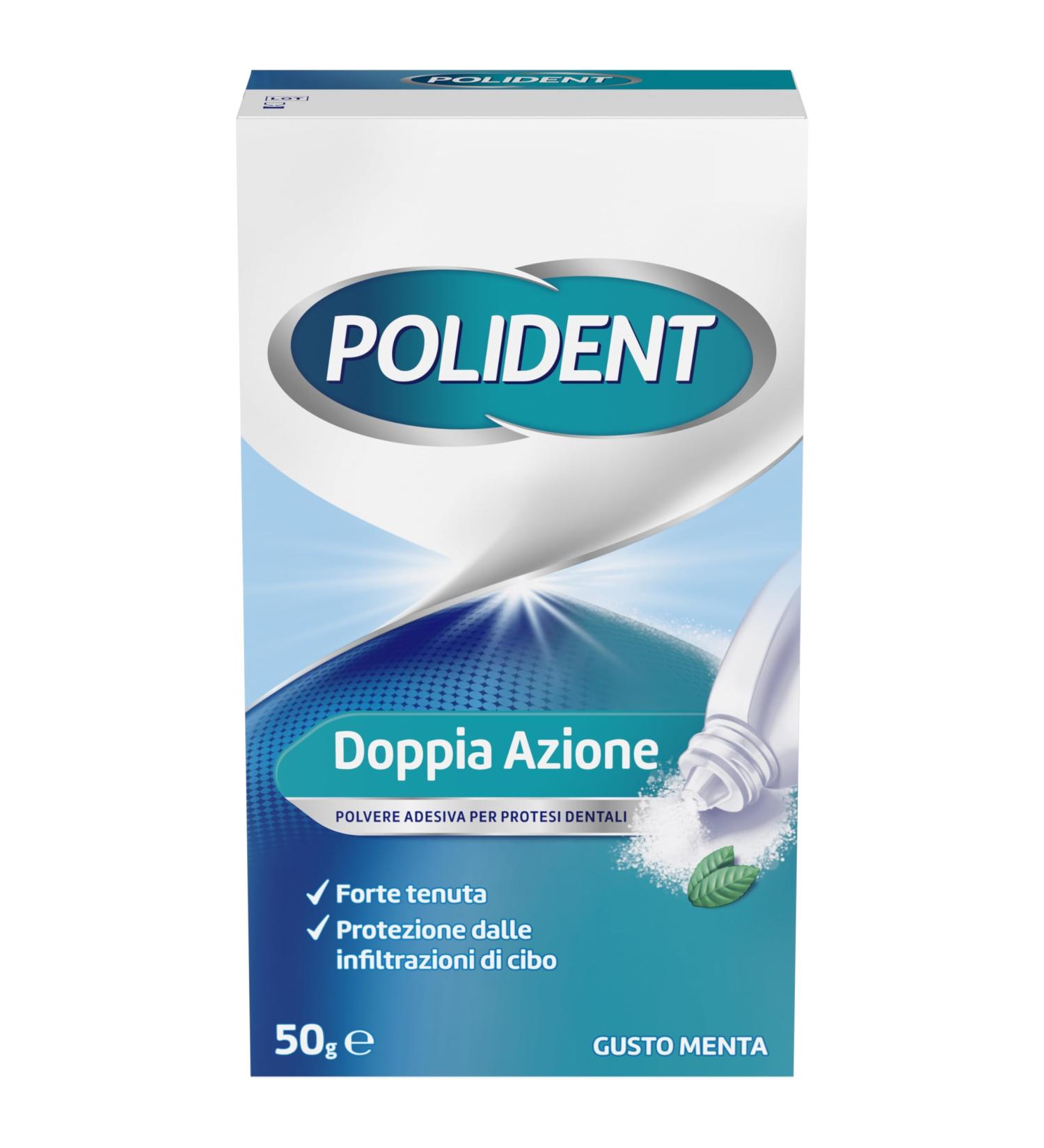 Polident Double action poudre adh sive pour proth ses dentaires forte tanch it protection contre les infiltrations alimentaires go t menthe 50 g