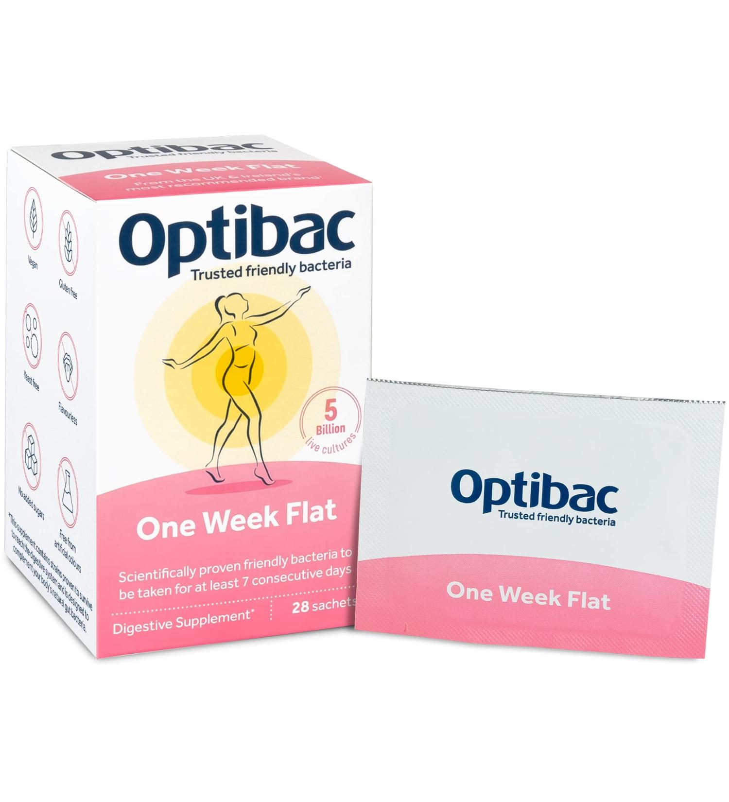 Optibac Probiotics One Week Flat - Vegan Digestive Probiotic Supplement - Bloating Relief with 5 Billion Bacterial Cultures - 28 Powder Sachets - Buy Online on GoSupps.com