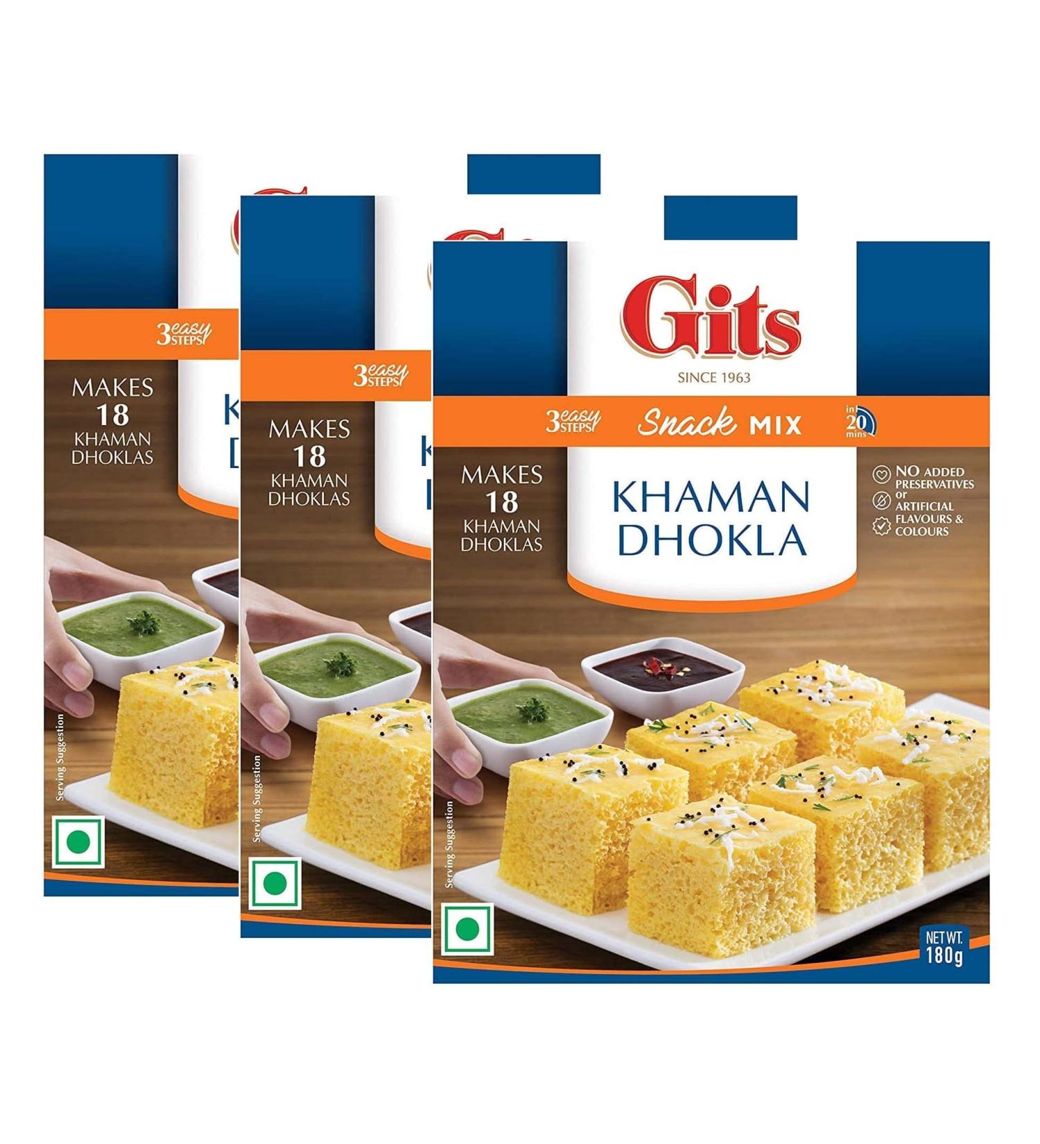 Gits Khaman Dhokla Instant Snack Mix 180g - A Traditional Indian Savory Snack - Popular Traditional Gujarati Snack Makes 18 Khaman Dhokla (Pack of 3) - Buy Online on GoSupps.com