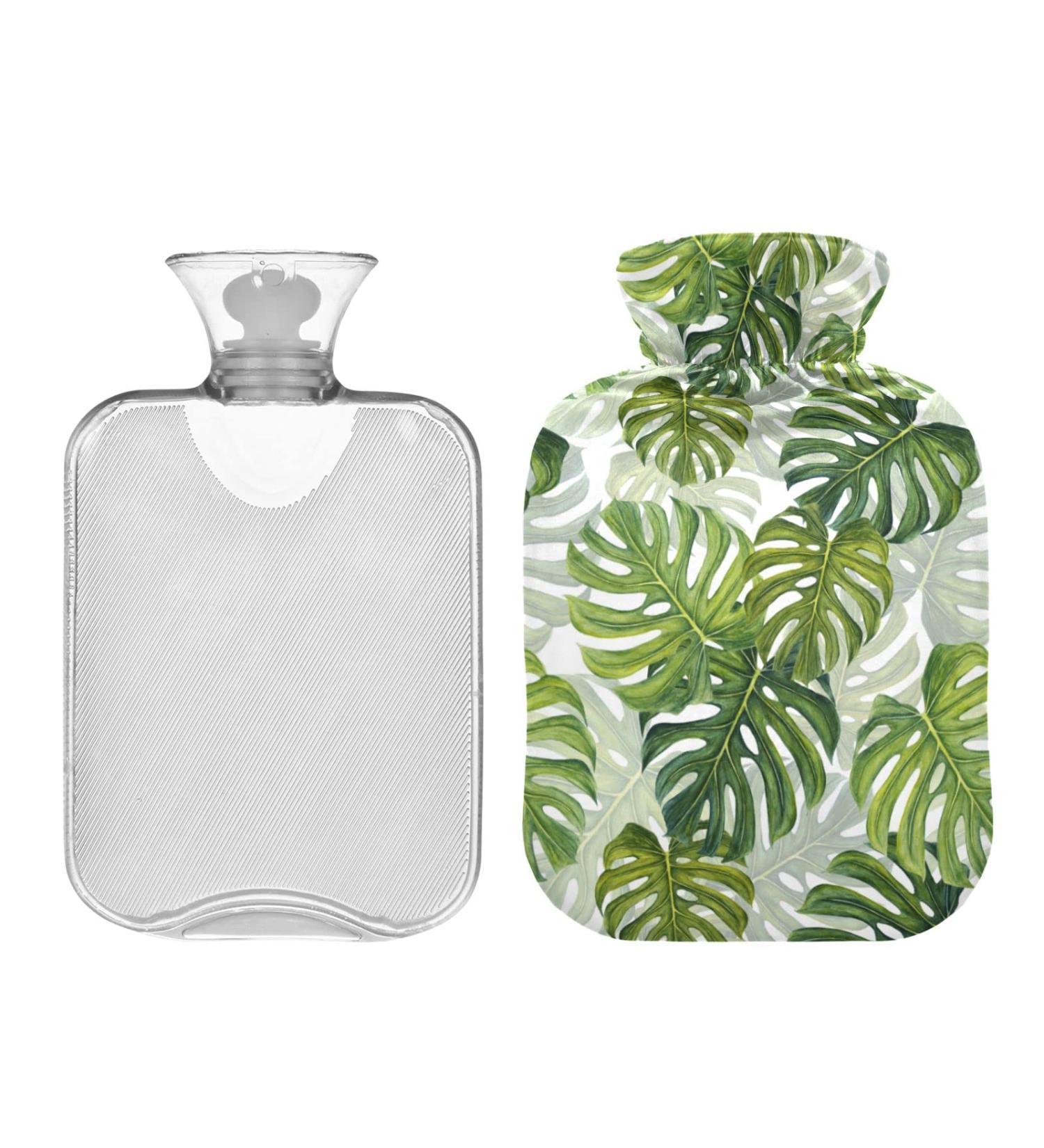 Hot Water Bottle 2L with Tropical Green Leaves Cover - Pain Relief & Winter Warmer for Hands & Feet - Buy Online on GoSupps.com
