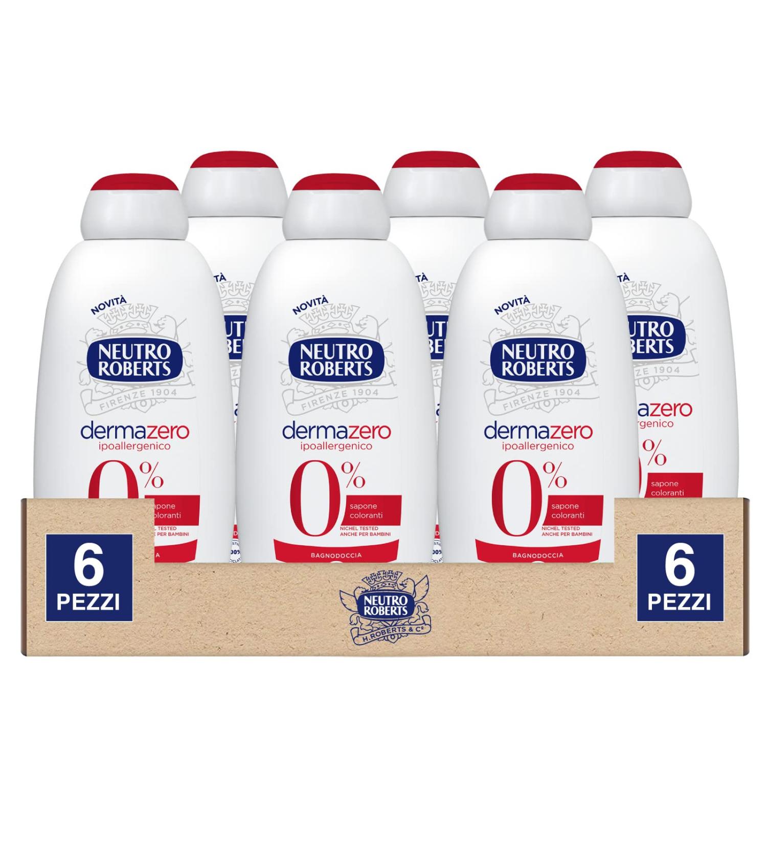 Neutro Roberts Neutro Roberts Dermazero Hypoallergenic Shower Gel Soap and Dye Free for Delicate and Sensitive Skin Physiological pH Suitable for Children 6 x 600ml Bottles