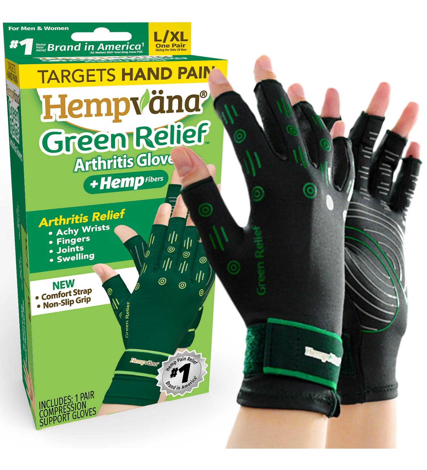 Hempvana Green Relief Arthritis Gloves | As Seen On TV | Advanced Compression for Pain & Swelling Relief | Adjustable Wrist Strap | Non-Slip Grip | L/XL (1 Pair) - Buy Online on GoSupps.com