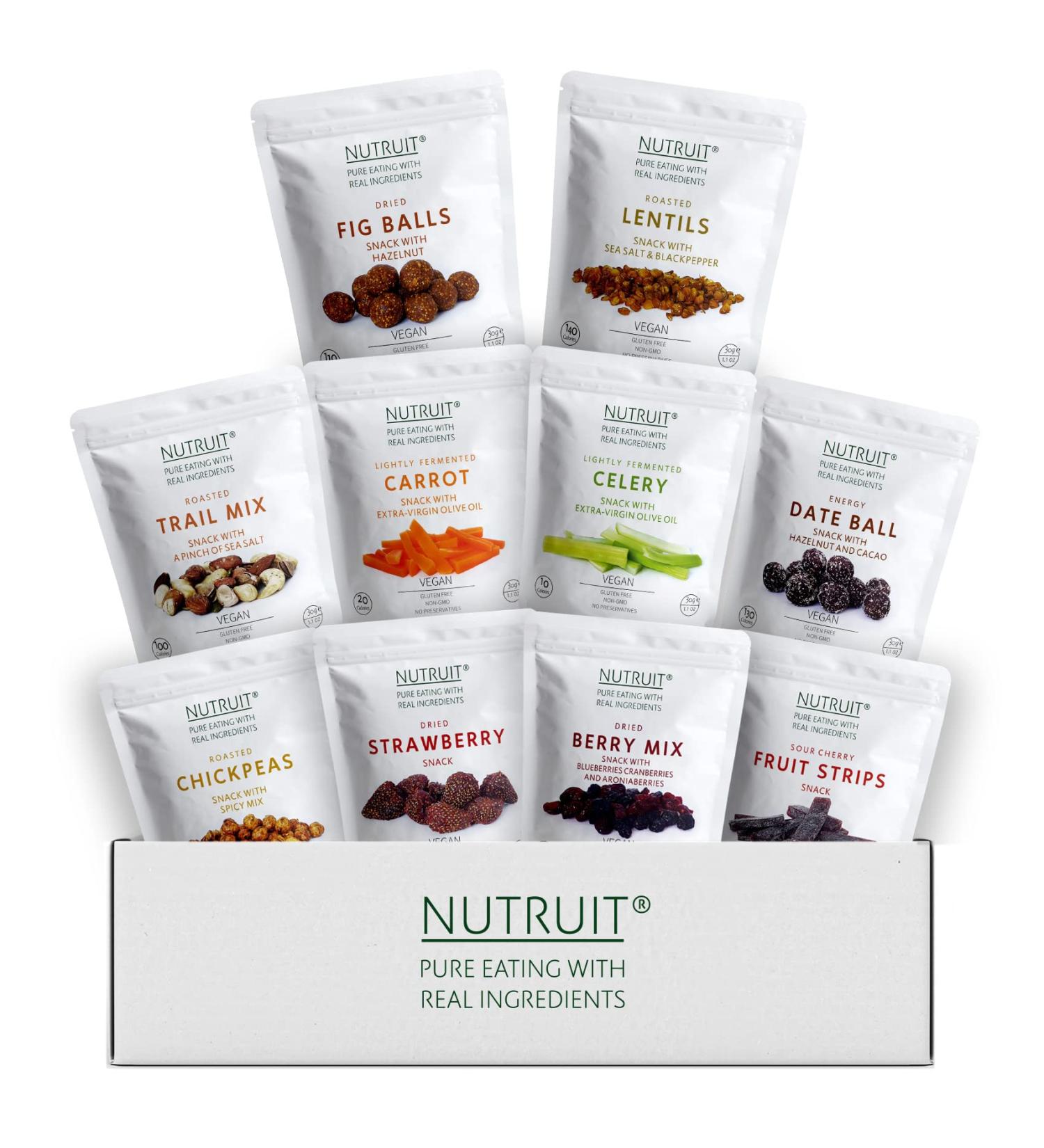 Nutruit Gourmet Healthy Snack Variety Box (Pack of 20) - Vegan, Gluten Free, Non-GMO, Plant Based, High Fiber - 10 Flavor Variety Pack - 1.1oz Premium Snack Packs - Buy Online on GoSupps.com