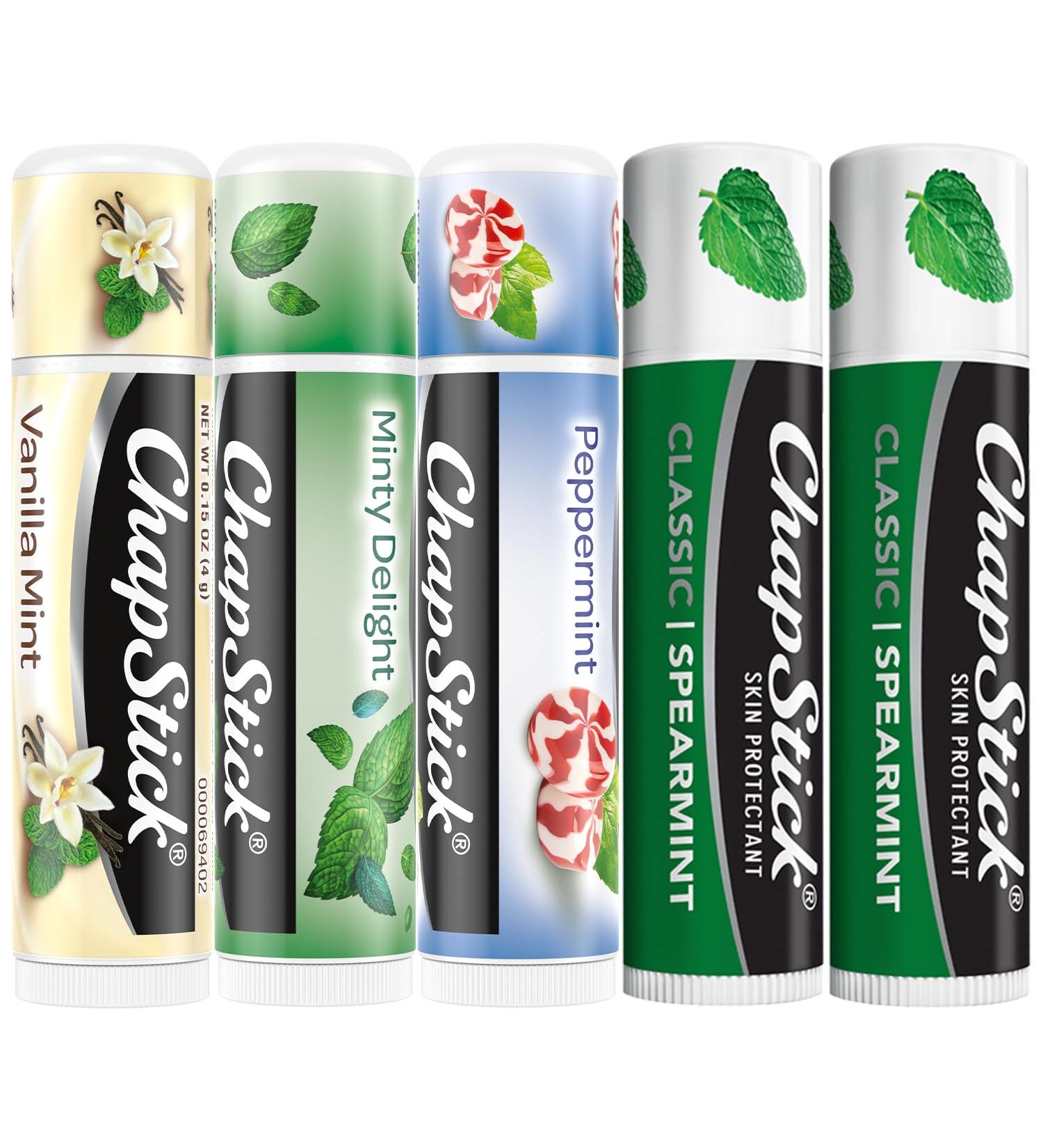 ChapStick Lip Balm Mint Favorites (Vanilla Mint Minty Delight and Peppermint) + 2 Classic Spearmint 0.15 Oz Ea (5 Piece Set) - Buy Online on GoSupps.com