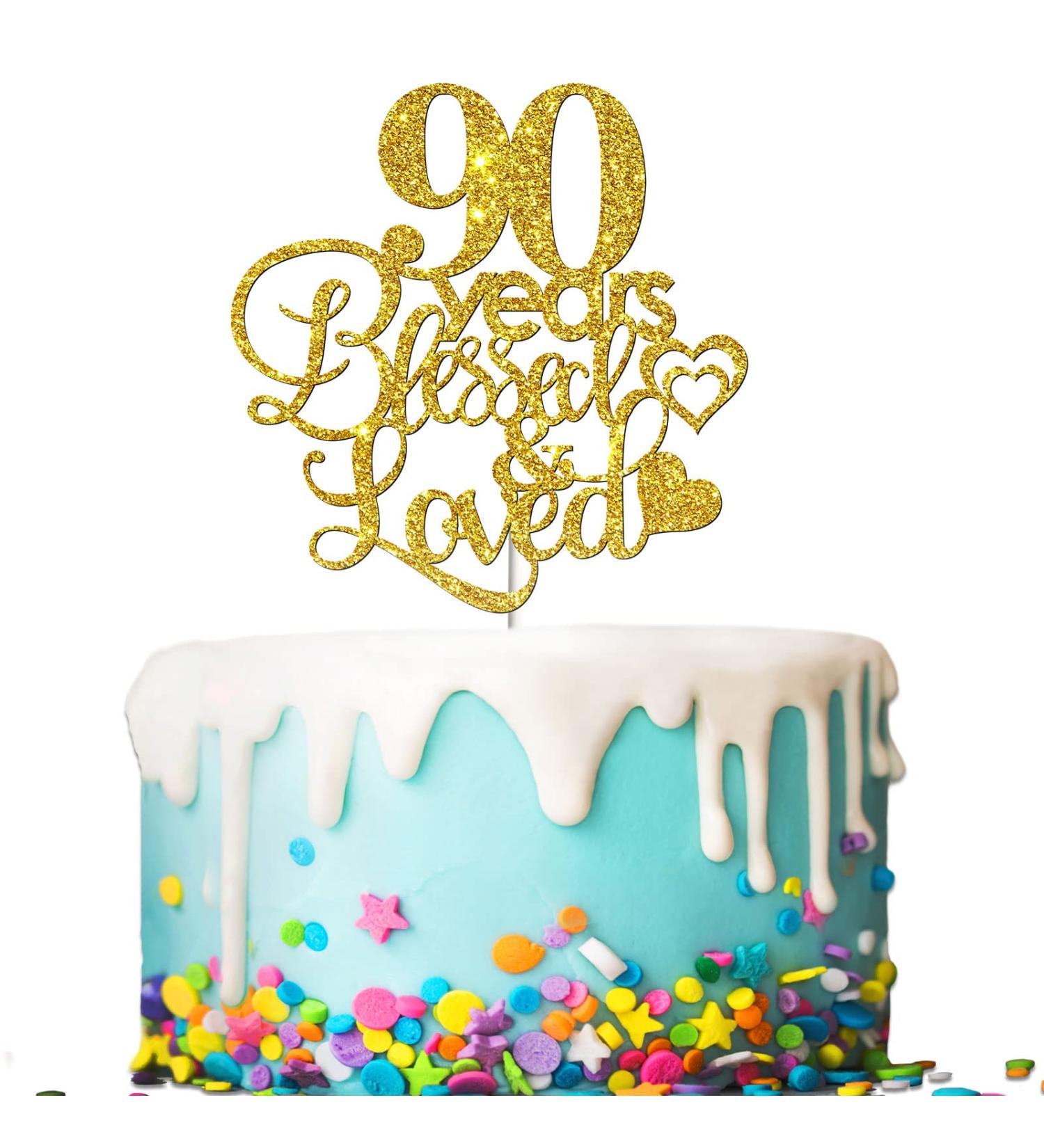 Tenhaisi Gold Glitter 90 Years Blessed & Loved Cake Topper - 90th Birthday / 90th Wedding Anniversary Cake Topper - Hello 90-90th Birthday / 90th Anniversary Party Decoration - Buy Online on GoSupps.com