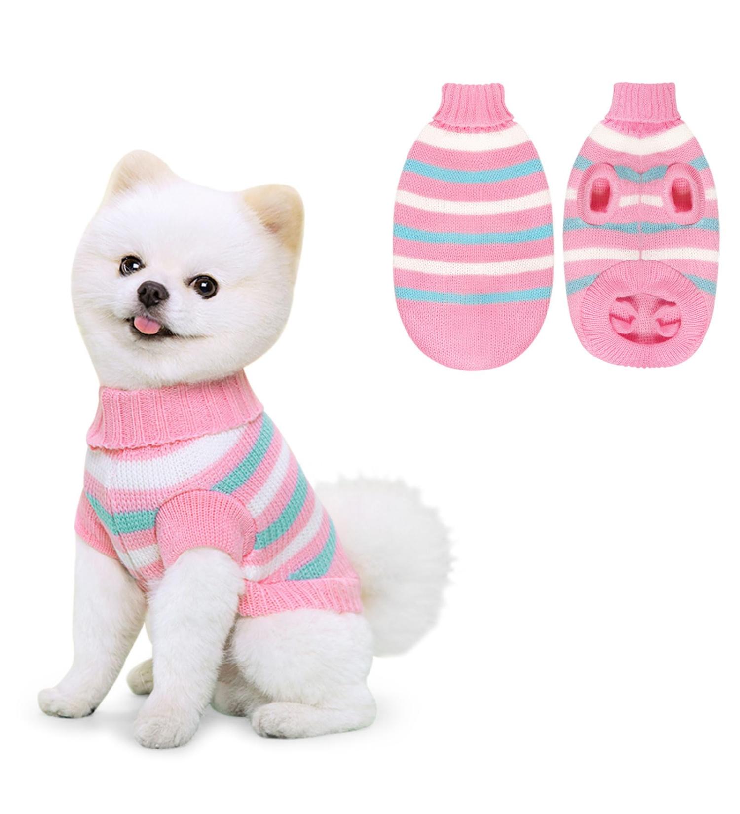 Lynine Knitted Dog Sweater - Comfortable & Soft Winter Apparel for Small Dogs & Cats - Striped Design Warm Pink Sweater (Size M) - Buy Online on GoSupps.com