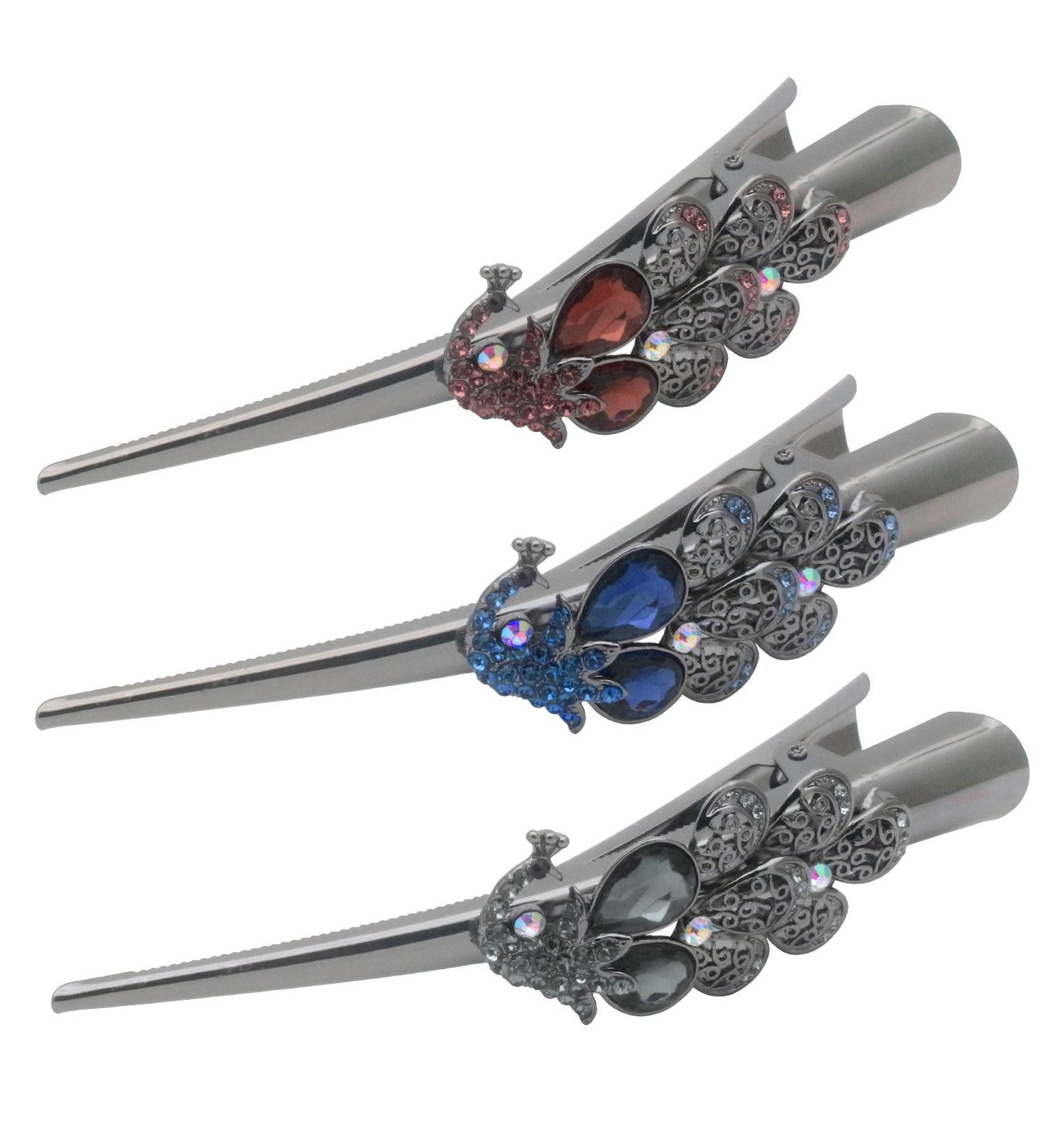HOLLIHI Set of 3 Large Metal Alloy Alligator Sectioning Clips for Women and Girls - Pretty Strong Clamp Hair Pins Non-Slip Hair Grips Accessories for Thick Hair Silver Gray (Peacock) - Buy Online on GoSupps.com