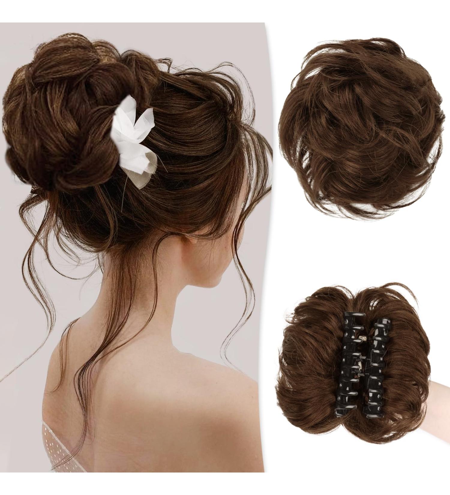 RUWISS Claw Clips in Messy Bun Hair Piece 100% Human Hair Buns Wavy Curly Clip Chignon Hair Bun Extensions Tousled Updo Hair Buns Human Hair Scrunchie with Clip for Women(Medium Brown) 1 Count (Pack of 1) Medium Brown - Buy Online on GoSupps.com