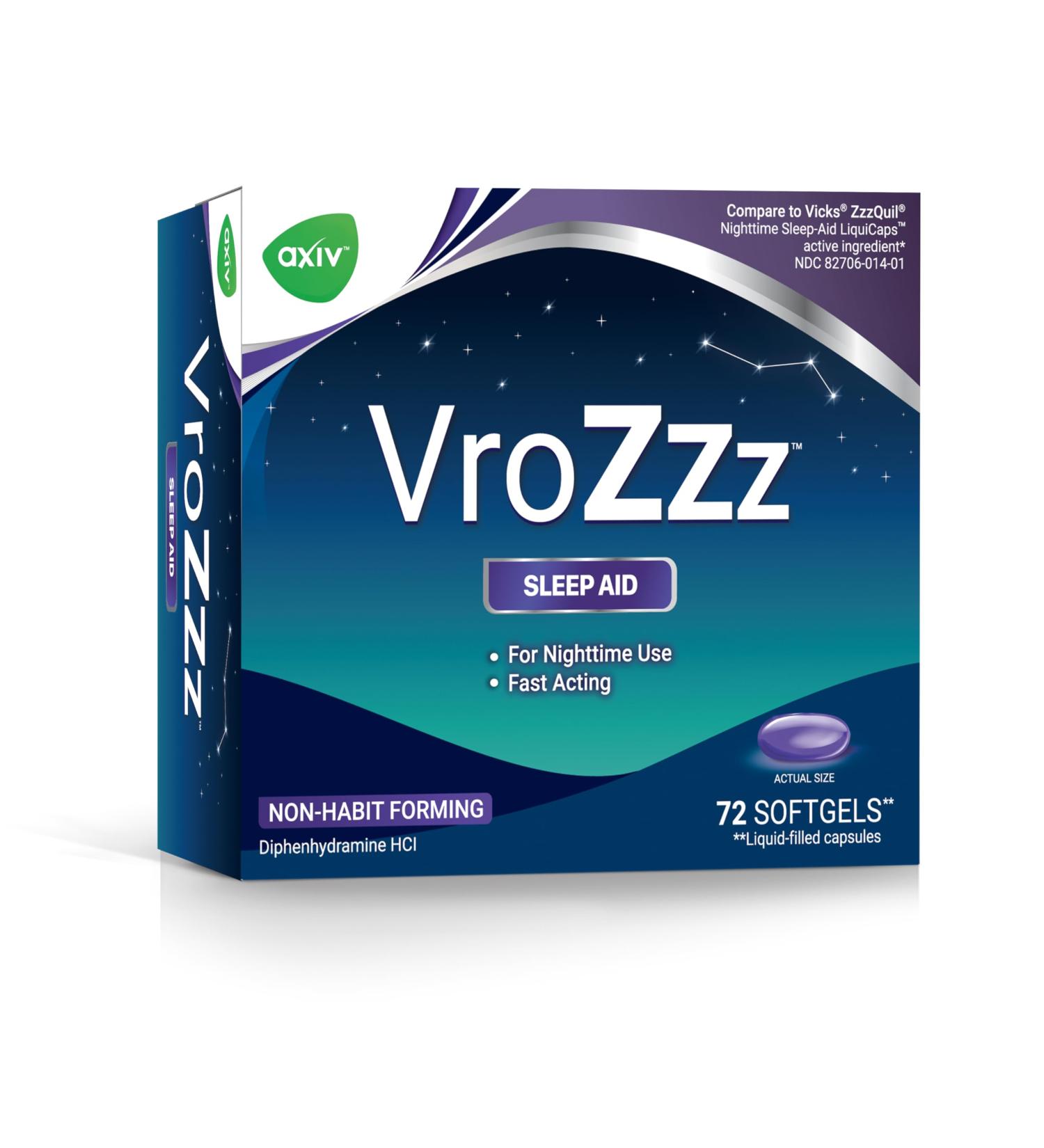 AXIV VrozZZ Nighttime Sleep Aid Softgels Diphenhydramine HCl 25mg Non-Habit Forming Liquid-Filled Capsules 72 Count - Buy Online on GoSupps.com