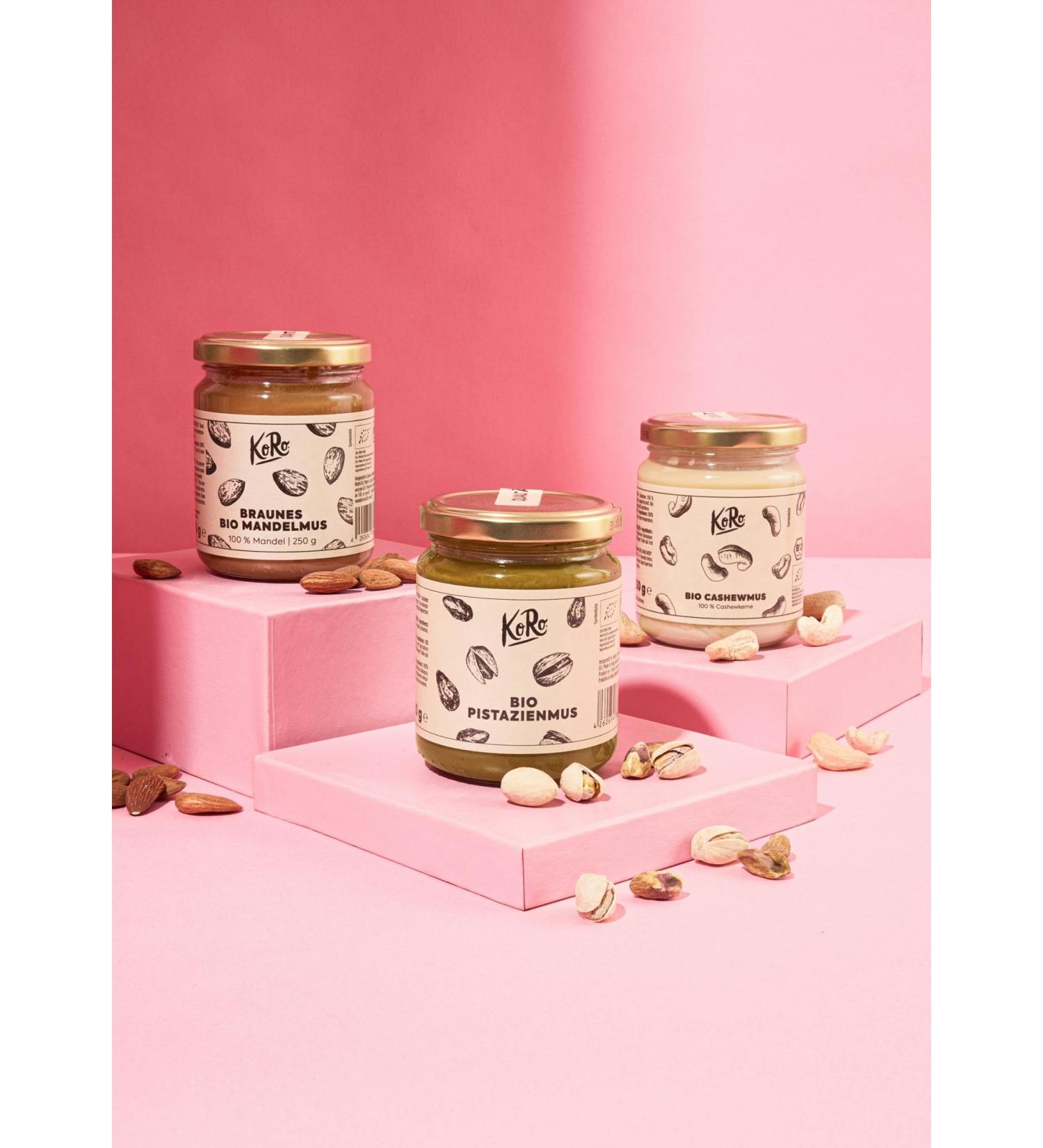 KoRo - Coffret d gustation pur es d'ol agineux bio Deluxe - 3 x 250 g - Pur e de noix de cajou de pistache et d'amande - Format d couverte pratique de 250 g - Vegan