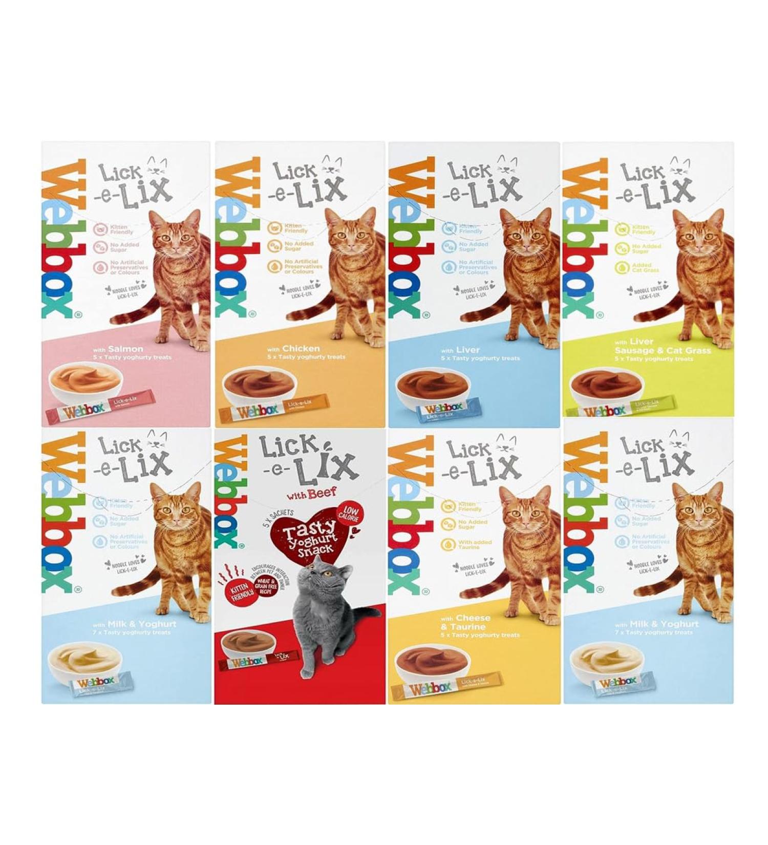 Webbox Lick-e-Lix Mixed Variety Pack - Chicken Salmon Cat Grass Liver Beef Cheese Milk & Yoghurt PACK OF 8 + Howsehold Tote Bag Mixed Flavours - Buy Online on GoSupps.com