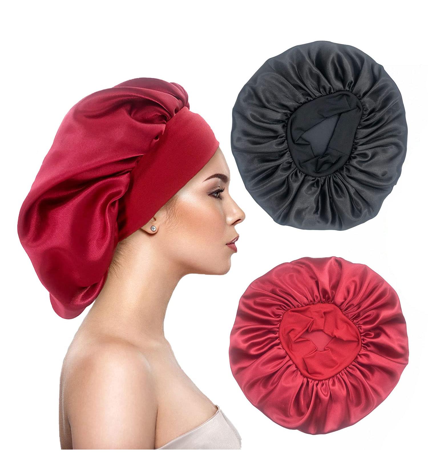 Eupinduo Satin Sleeping Cap Bonnet - 2 Pieces Curly Hair Hood | High Elastic Soft Creme & Black/Red Options for Night Protection - Buy Online on GoSupps.com