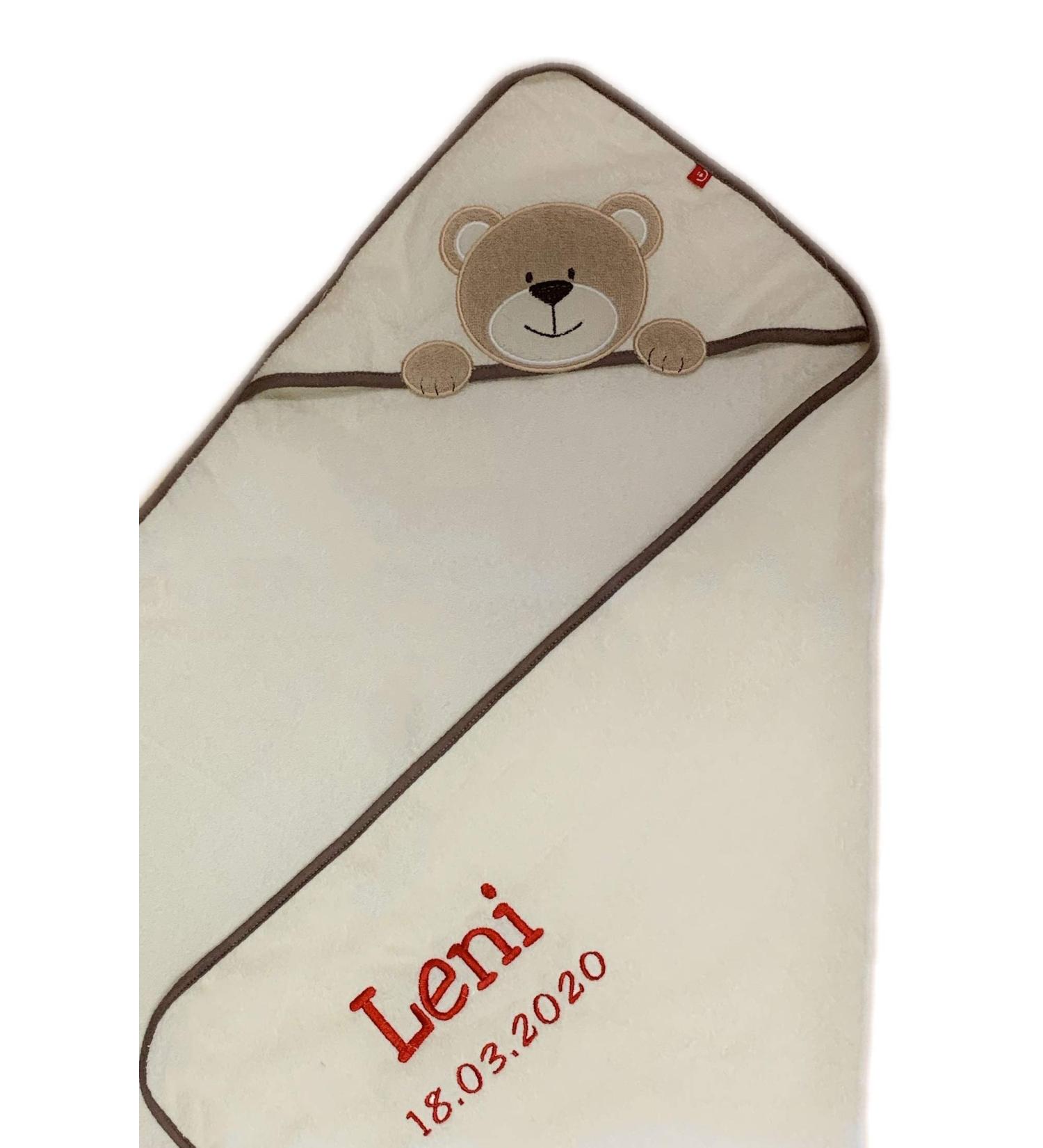 Kiddi Personalized Hooded Towel - Embroidered Name & Birthdate | 100% Cotton Soft & Cozy 100x100 cm - Beige Bear Design - Buy Online on GoSupps.com