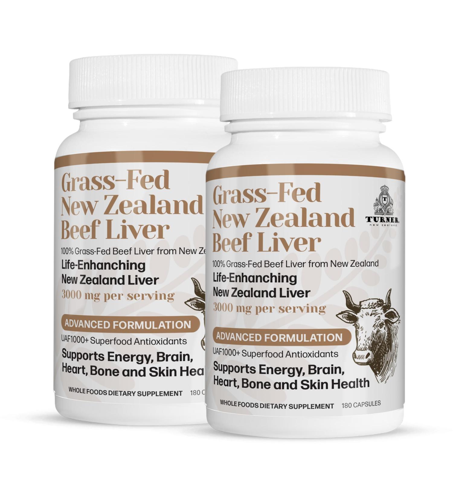 TURNER New Zealand 100% Live-Grass-Fed Beef Liver 360 Capsules Supports Energy Production Detoxification Digestion Immunity and Full Body Wellness Non-GMO 3000mg