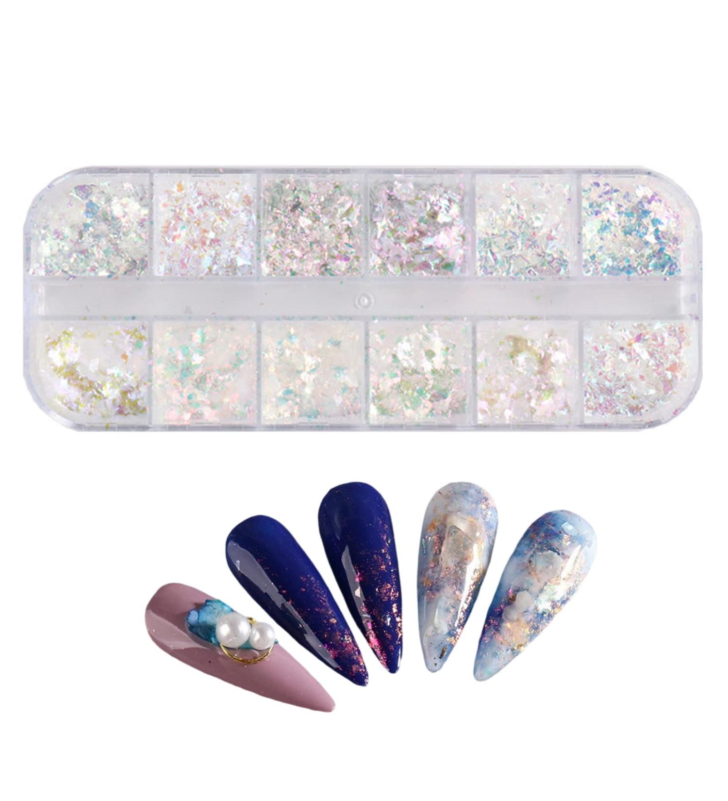 Nail Art Glitter Flake Nail Art Foil Flake Shining Holographic 12 Grids Nail Glitter Flake for Summer Nail Art Decoration Nail Foil Flakes - Buy Online on GoSupps.com