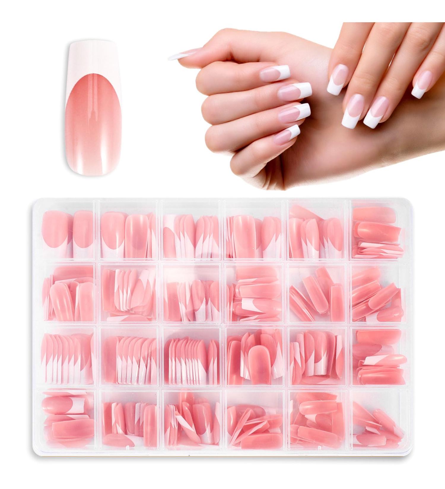 360 Pieces French Tip False Nails - Acrylic Full Cover Press-On Long Nail Tips | Nude Color Fake Nails for Women & Girls | Nail Art Manicure Decorations - Buy Online on GoSupps.com