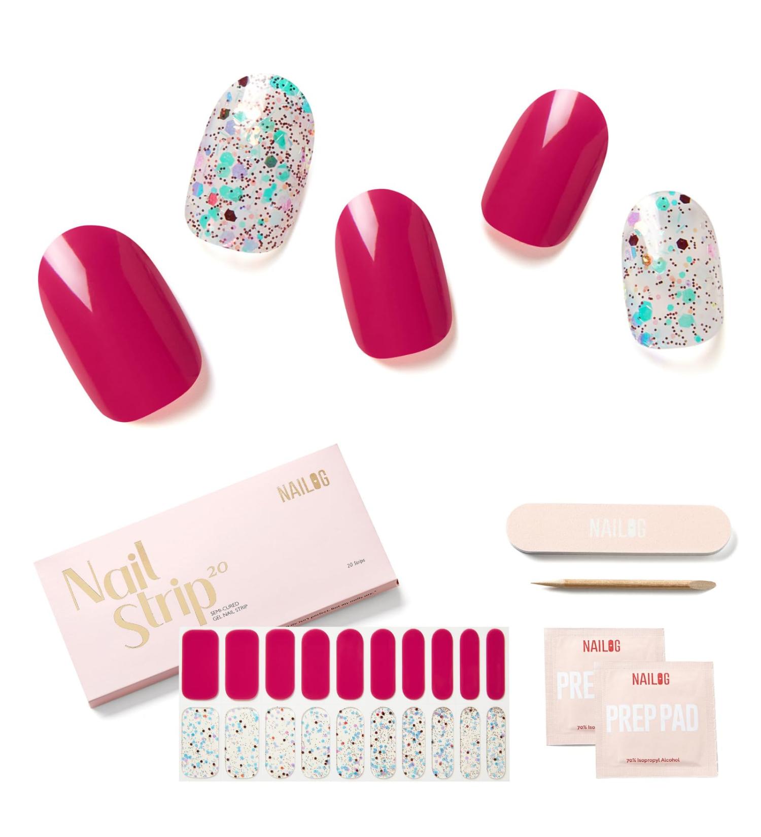 NAILOG Semi Cured Gel Nail Strips (20 Extra Long Nail Stickers) | Glossy & Long Lasting Soft Gel Finish Nail Wrap| Ruby Nebula - Buy Online on GoSupps.com