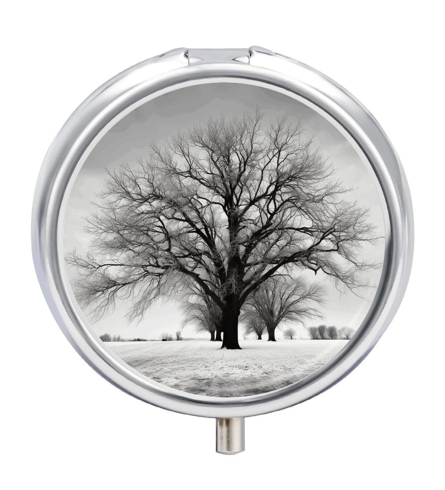 Round Pill Box - Black and White Tree Print | 3 Compartment Portable Pill Organizer - Decorative Metal Pocket Medicine Case - Buy Online on GoSupps.com