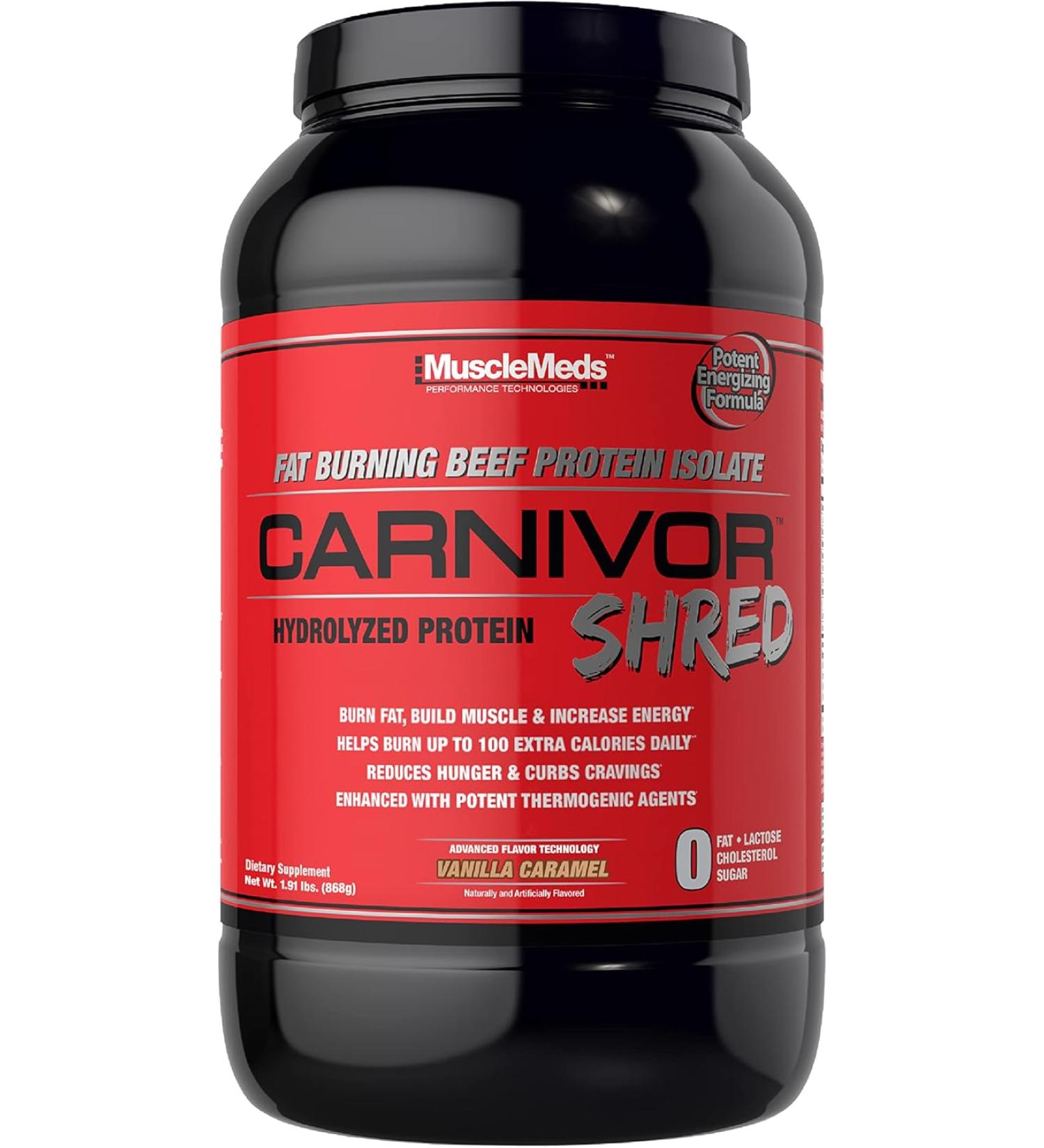 MuscleMeds Carnivor Shred Fat Burning Hydrolized Beef Protein Isolate, 0 Lactose, 0 Sugar, 0 Fat, Vanilla Caramel, 2 Pound, 28 Servings - Buy Online on GoSupps.com