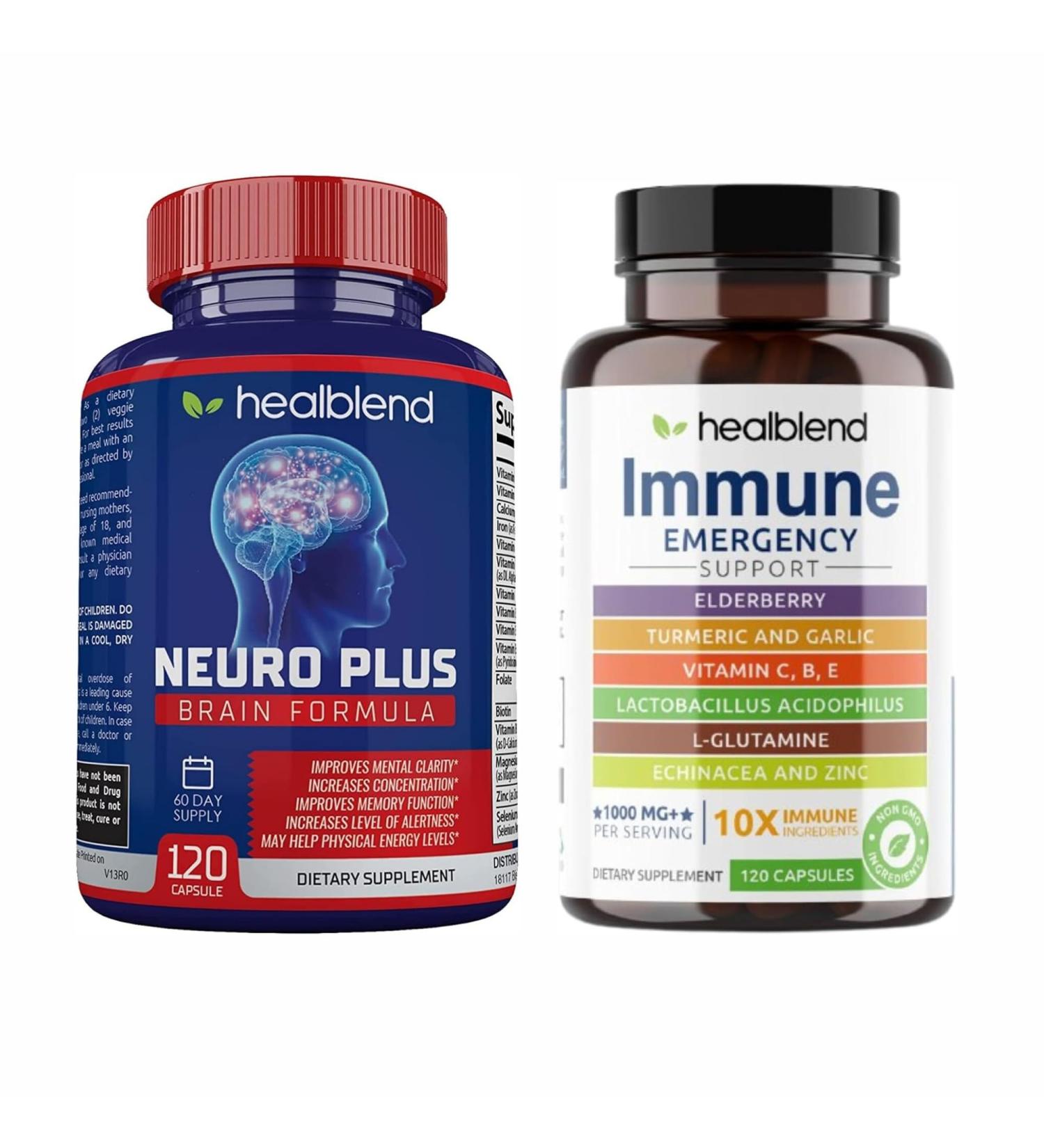 healblend Neuro Plus & Immune Support Bundle Brain Boost Nootropic for Focus Energy Memory & Clarity Elderberry Zinc Vitamin C Turmeric Probiotics 2 Pack 120 Capsules Each - Buy Online on GoSupps.com