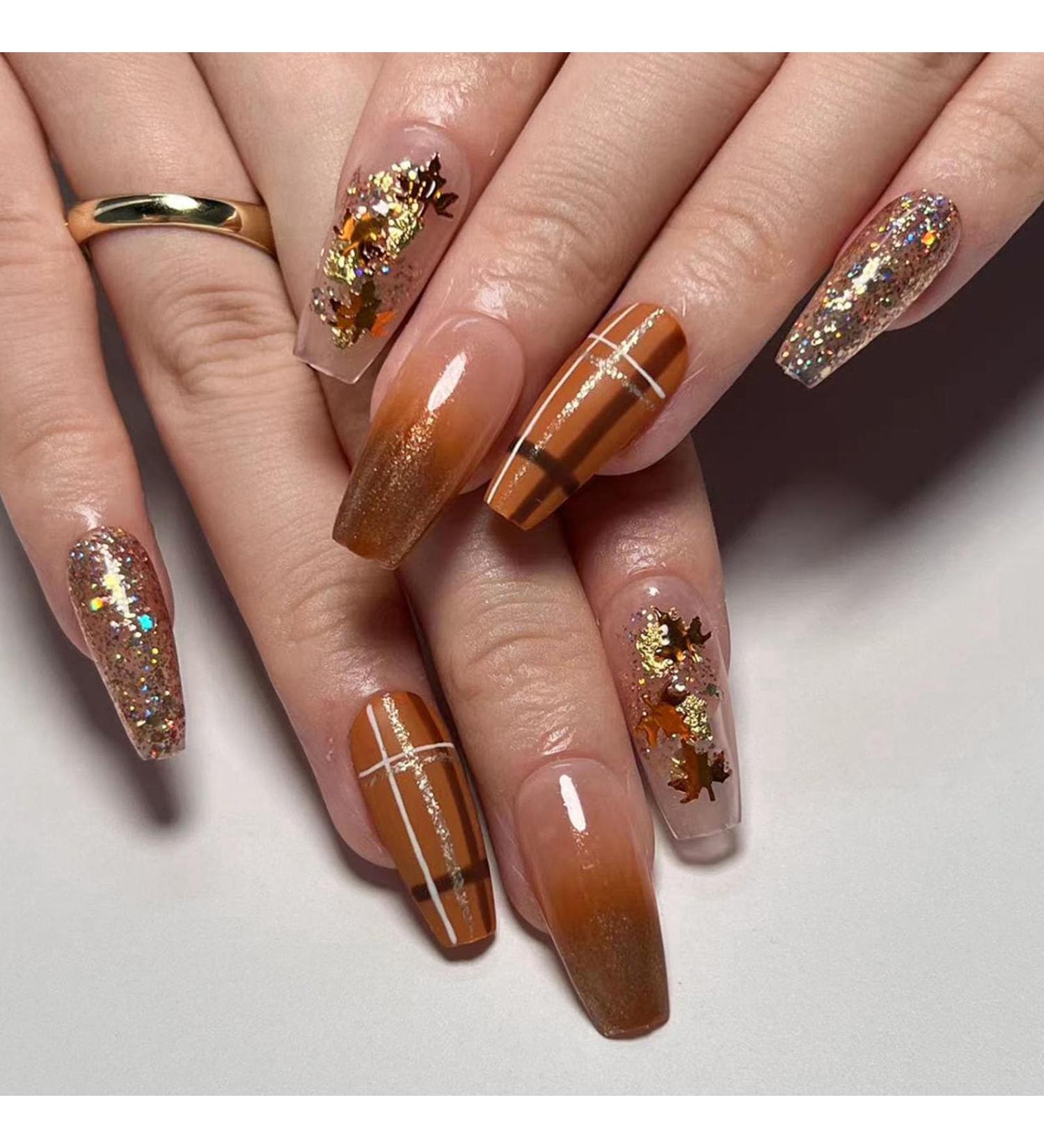 Fall Press on Nails - Medium Coffin Brown Gradient with Maple Leaf Designs | 24Pcs Acrylic Glitter Nails for Thanksgiving | Glossy Glue on Fake Nails for Women - Buy Online on GoSupps.com