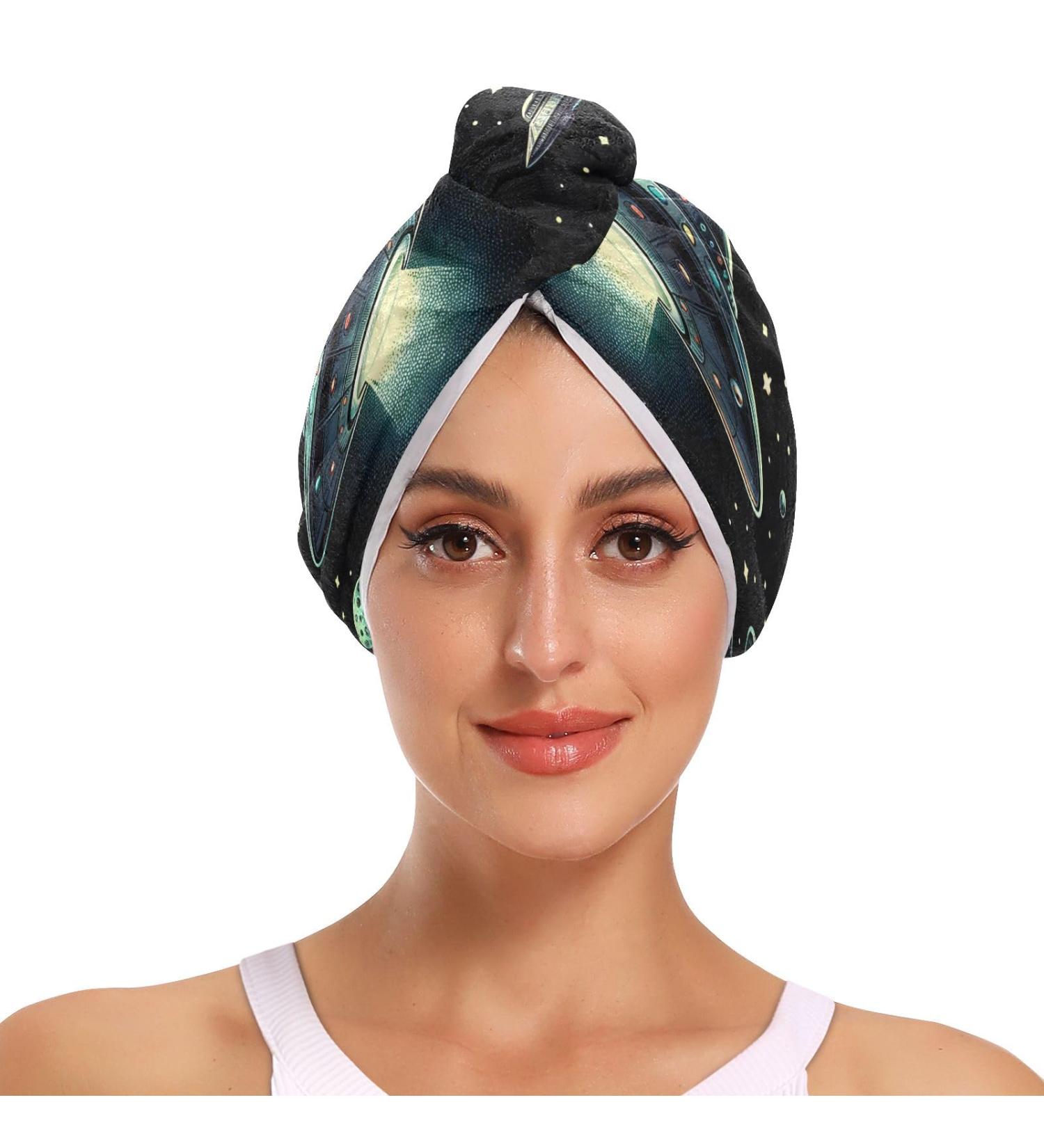 Flying Saucer Dark Cosmos Hair Towel 2 Pack - Super Absorbent Quick Dry Hair Turbans for Women & Girls - Buy Online on GoSupps.com