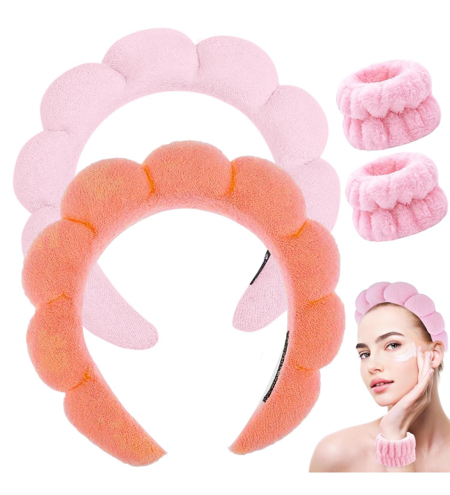 Spa Headband Set | Terry Cloth Headband for Women | Bubble Skincare Headbands | Face Wash Wristbands | Soft Puffy | Pink+Orange - Buy Online on GoSupps.com