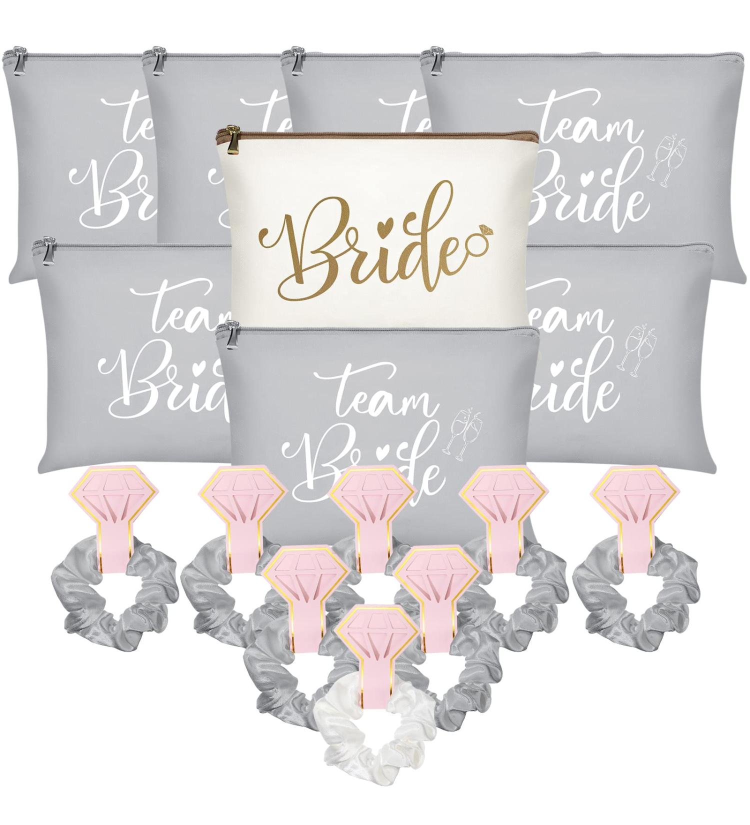 Bride Gift Set - 24 Pieces Bachelorette Proposal, Makeup Bags, Hair Scrunchies, Satin Hair Ties, Wedding Cards - Silver & Gold Theme - Buy Online on GoSupps.com