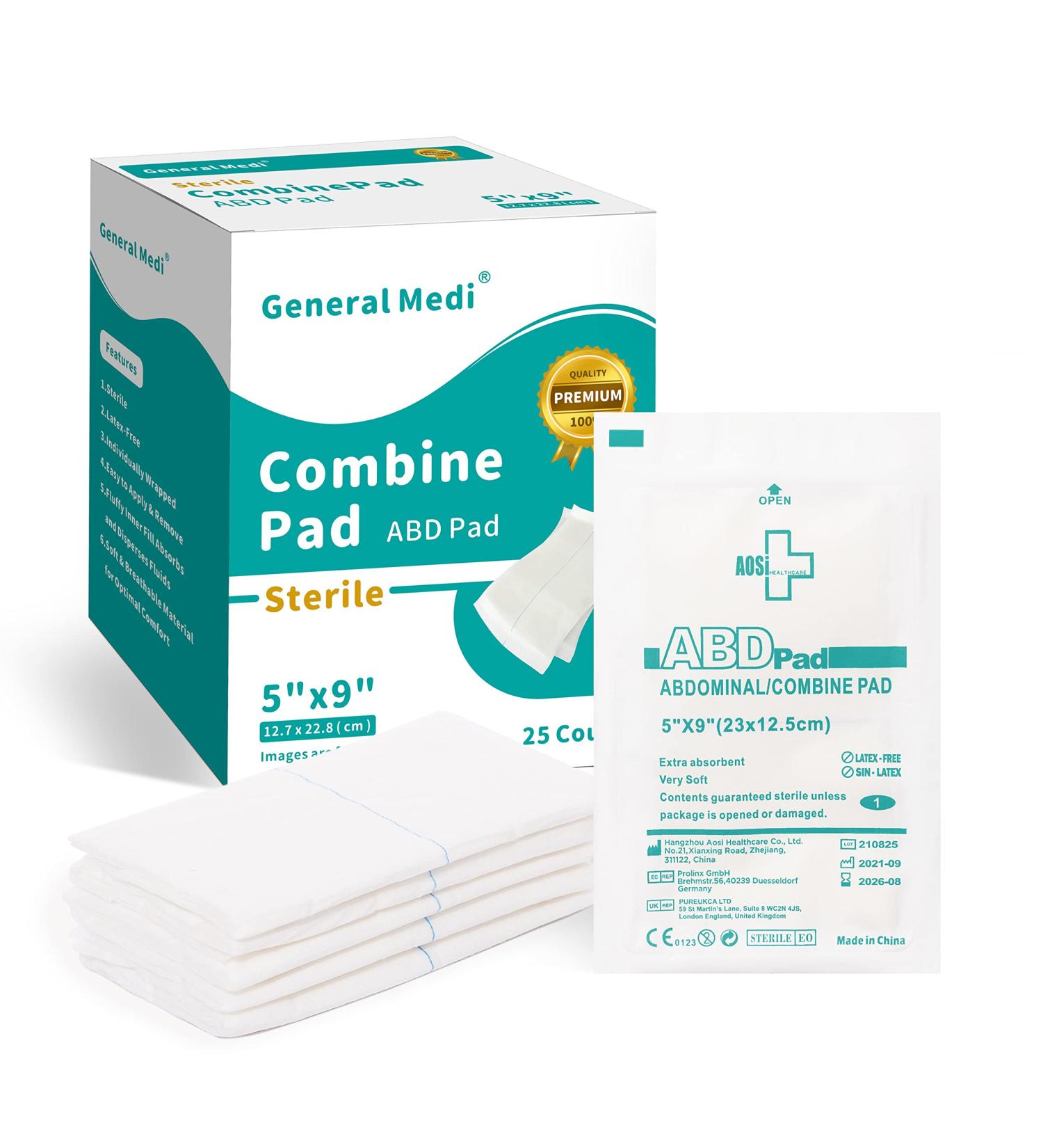 Sterile ABD Combine Pads - 25 Count, 5x9 Individually Wrapped, Absorbent First Aid Pads - Buy Online on GoSupps.com