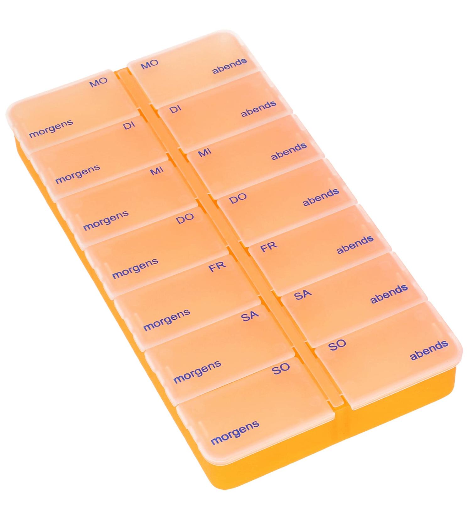 Com-Four 7-Day Medication Doser - Pill Organiser with 2 Compartments - Weekly Tablet Storage Box (Orange) - International Shipping Available - Buy Online on GoSupps.com