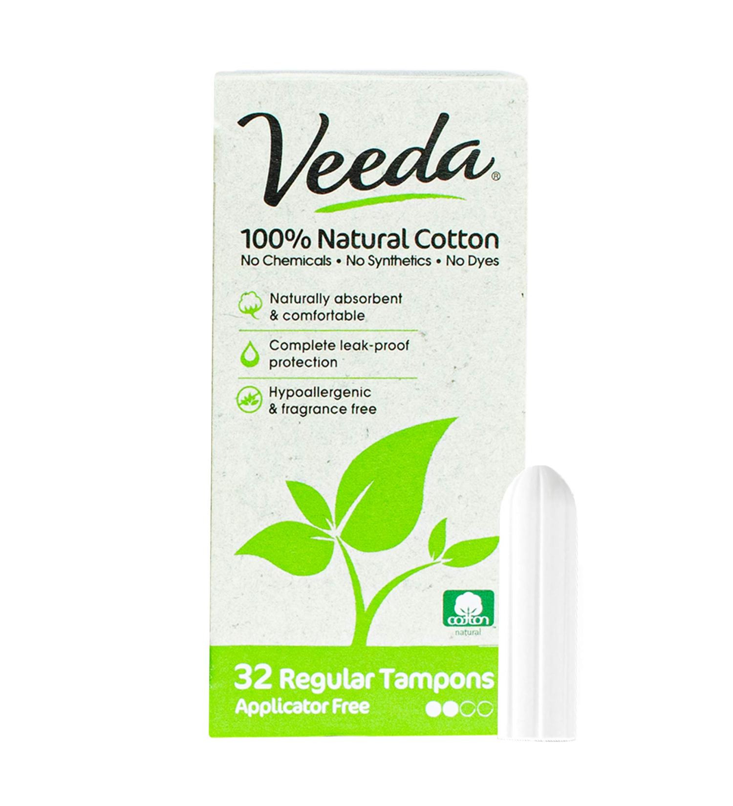 Veeda 100% Natural Cotton Applicator-Free Regular Tampons Unscented - 32 Count Pack - Buy Online on GoSupps.com