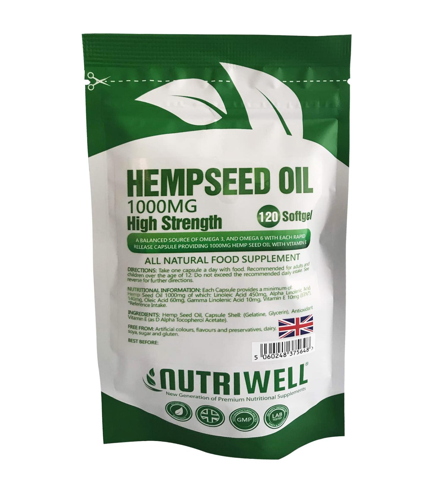 Hemp Seed Oil 1000mg 120 Softgels Capsules | High Strength Omega 3 & 6 Supplement | Made in UK by Nutri Well - Buy Online on GoSupps.com