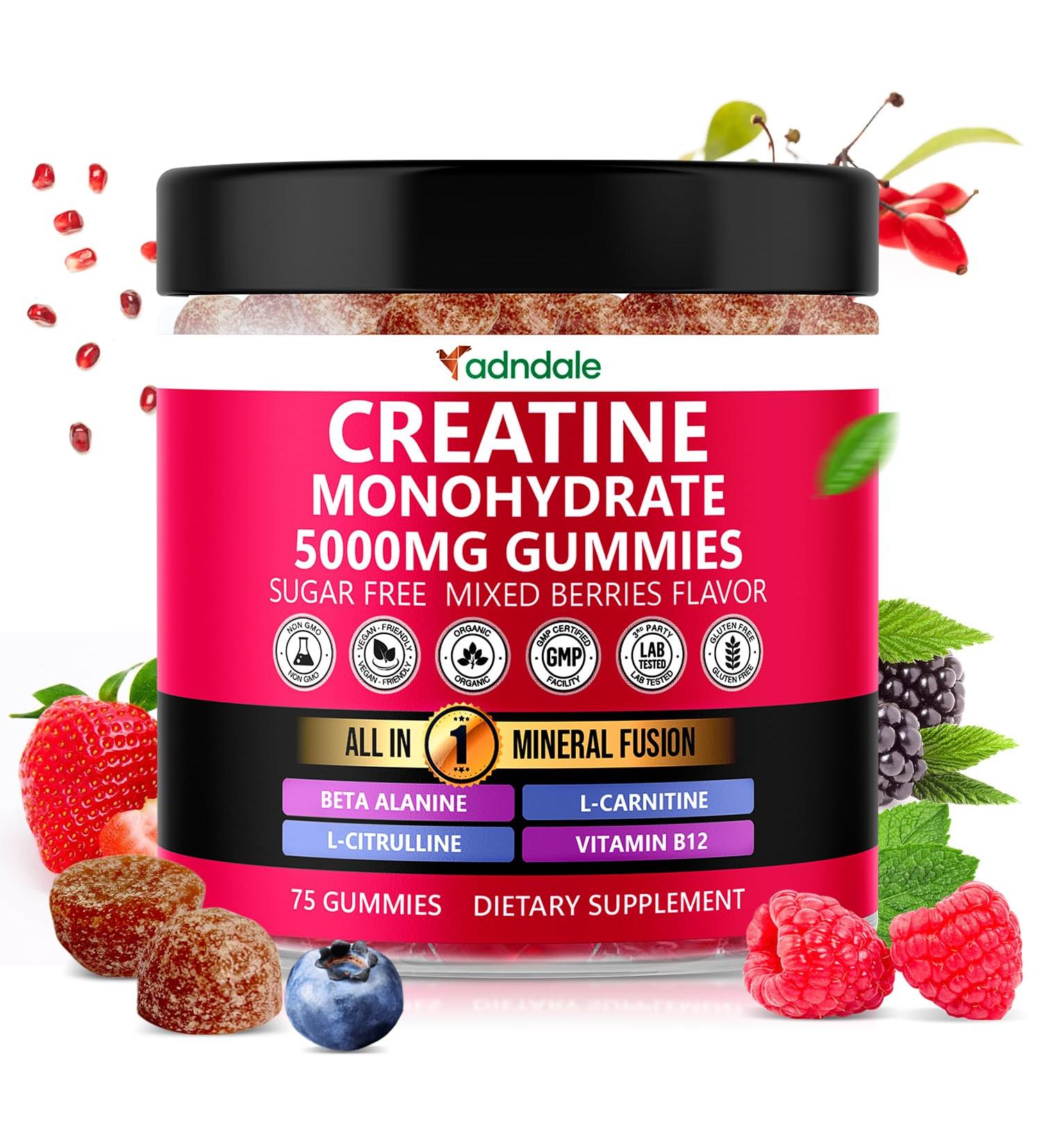 Adndale Creatine Gummies for Women & Men 5000mg per Serving Creatine Monohydrate Supplement with Beta-Alanine L-Citrulline & B12-75 Vegan Gummies. Sugar-Free - Buy Online on GoSupps.com