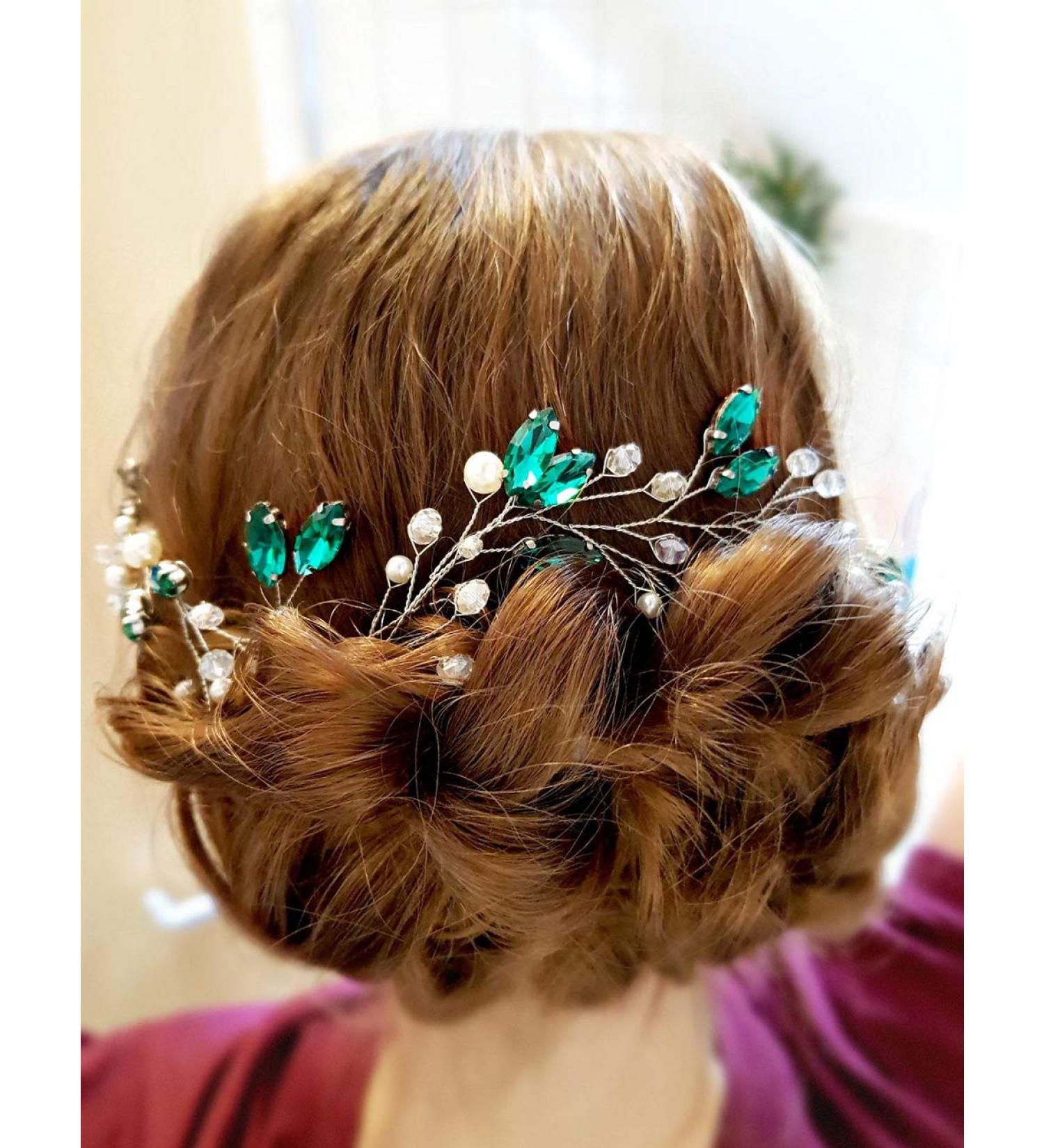 BERYUAN Women Pearl Hair Vine Emerald Green Crystal Leaf Hair Band Piece Silver Headpiece Wedding Hair Accessory Gift for Her Party Headress for Bride Bridesmaid Girls (style 1) - Buy Online on GoSupps.com