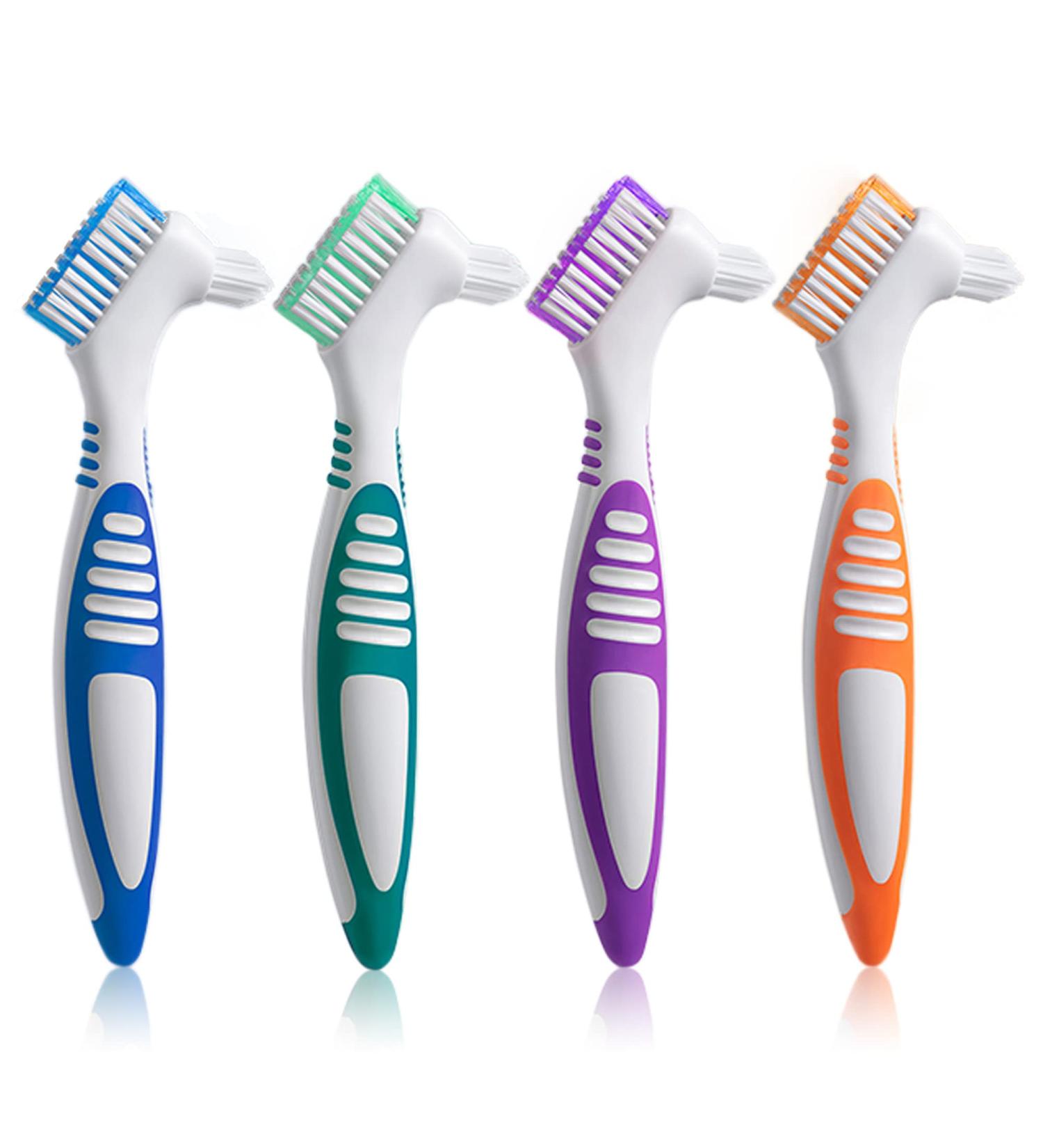 Octuitey Denture Brush 4Pcs - Double Sided Toothbrush with Multi-Layered Bristles and Rubber Anti-Slip Handle - (Purple, Green, Blue, Orange) - Buy Online on GoSupps.com