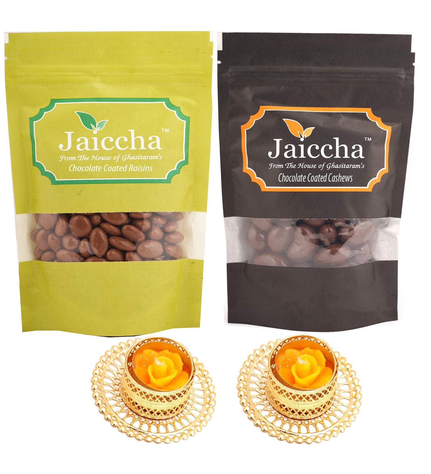 Jaiccha Ghasitaram Diwali Gifts Chocolate - Chocolate Coated Cashews 100 GMS and Rasins 100 GMS with 2 T-Lites - Buy Online on GoSupps.com