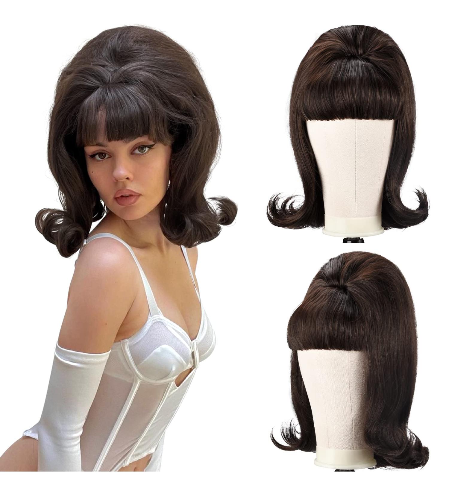 LONAI Retro Brown Wig with Bangs | 50s 60s 70s Style | Synthetic Hair for Costume Party | Dark Brown Halloween Wig - Buy Online on GoSupps.com