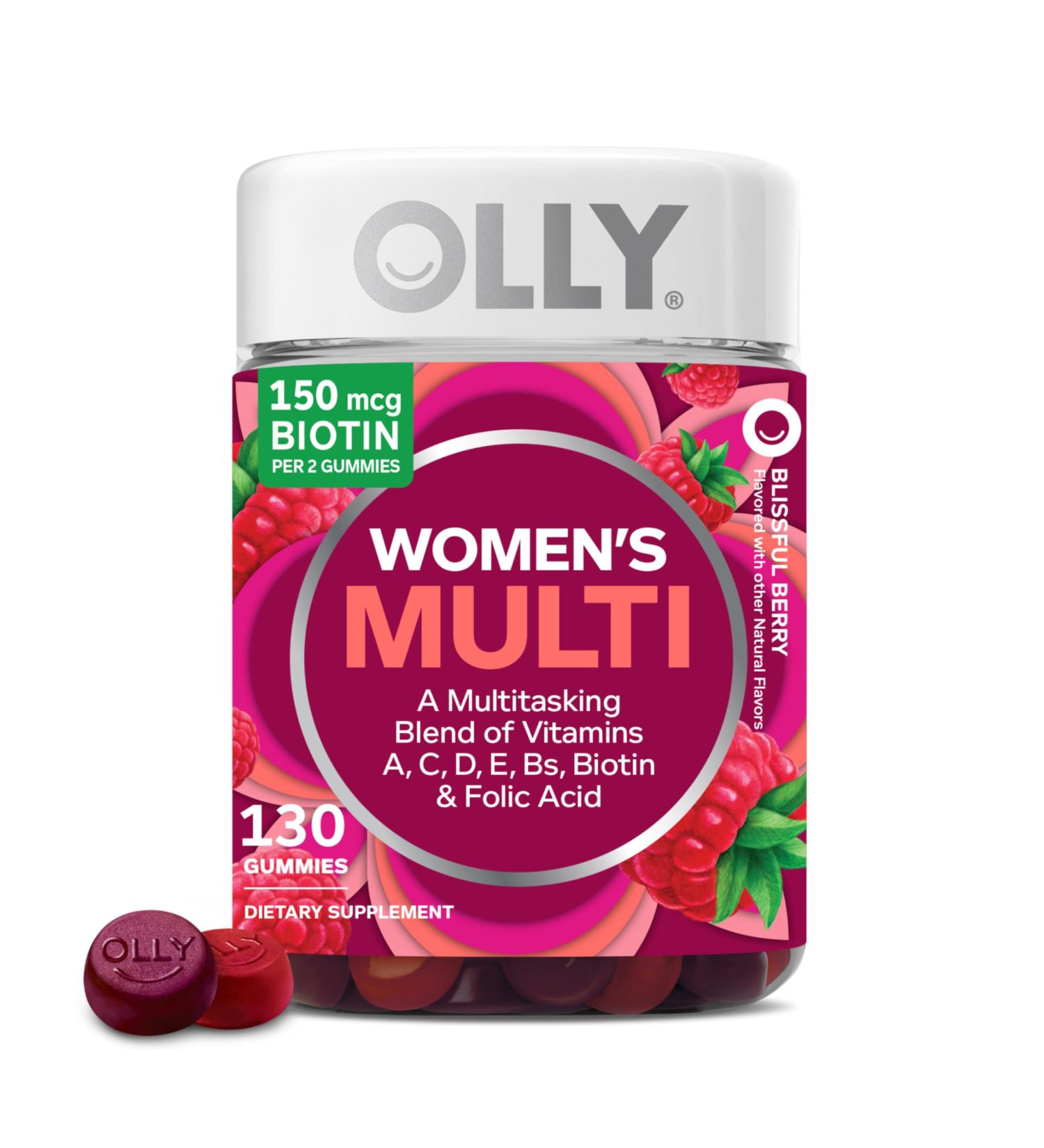 OLLY Women's Daily Multivitamin Gummy Vitamins A D C E Biotin Folic Acid Adult Chewable Vitamin Berry Flavor 65 Day Supply - 130 Count Berry 130 Count (Pack of 1) - Buy Online on GoSupps.com