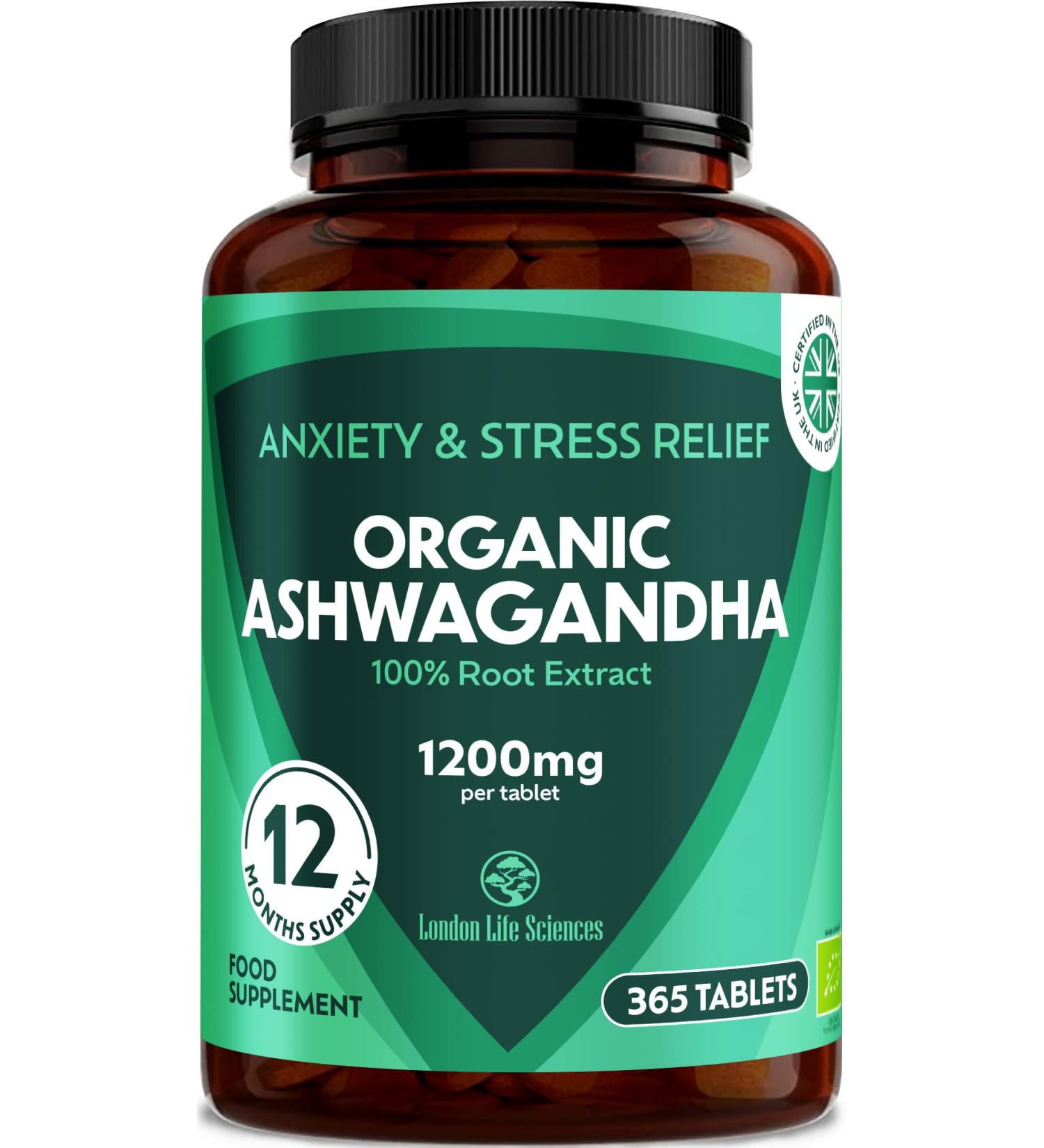 Organic Ashwagandha 1200mg 5% Withanolides Extract - 365 Tablets | Highest Concentration | Vegan | UK Supplier - Buy Online on GoSupps.com