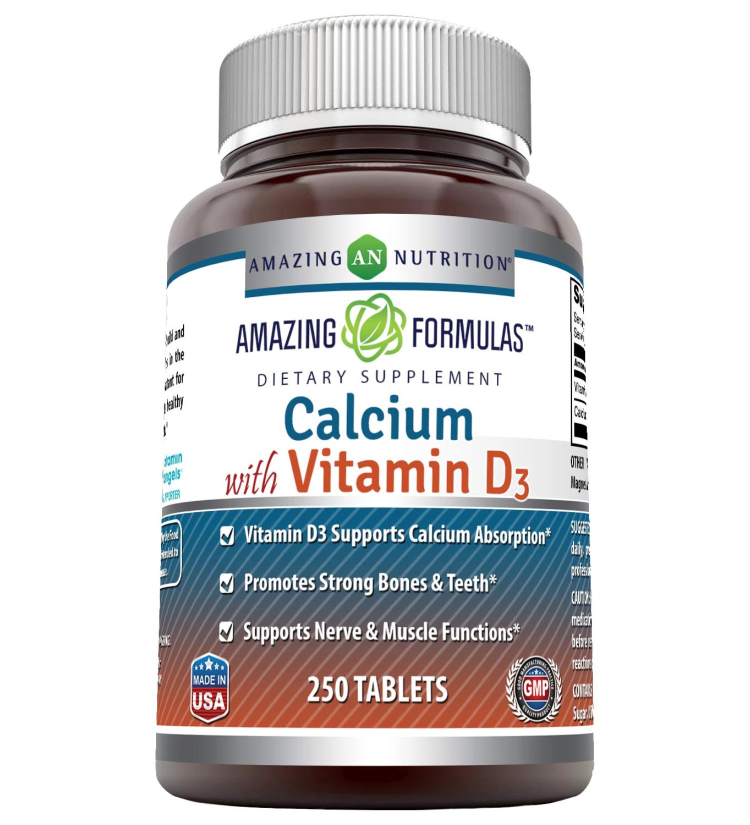 Amazing Formulas Calcium with Vitamin D3 Supplement - 250 Tablets, Supports Bone Health, Muscle Function, and Calcium Absorption - Pack of 1 - Buy Online on GoSupps.com