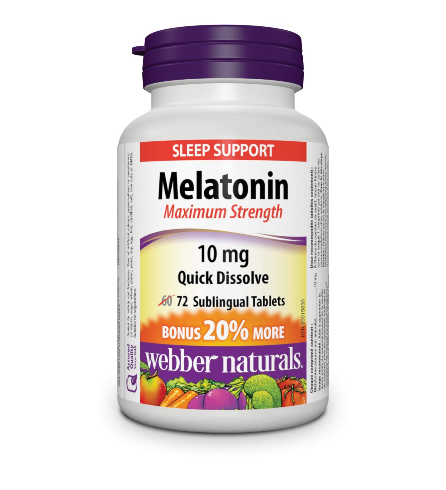 Webber Naturals Melatonin 10 mg Maximum Strength 72 Quick Dissolve Tablets For Sleep Support Vegetarian 72 Nutritional Supplement - Buy Online on GoSupps.com