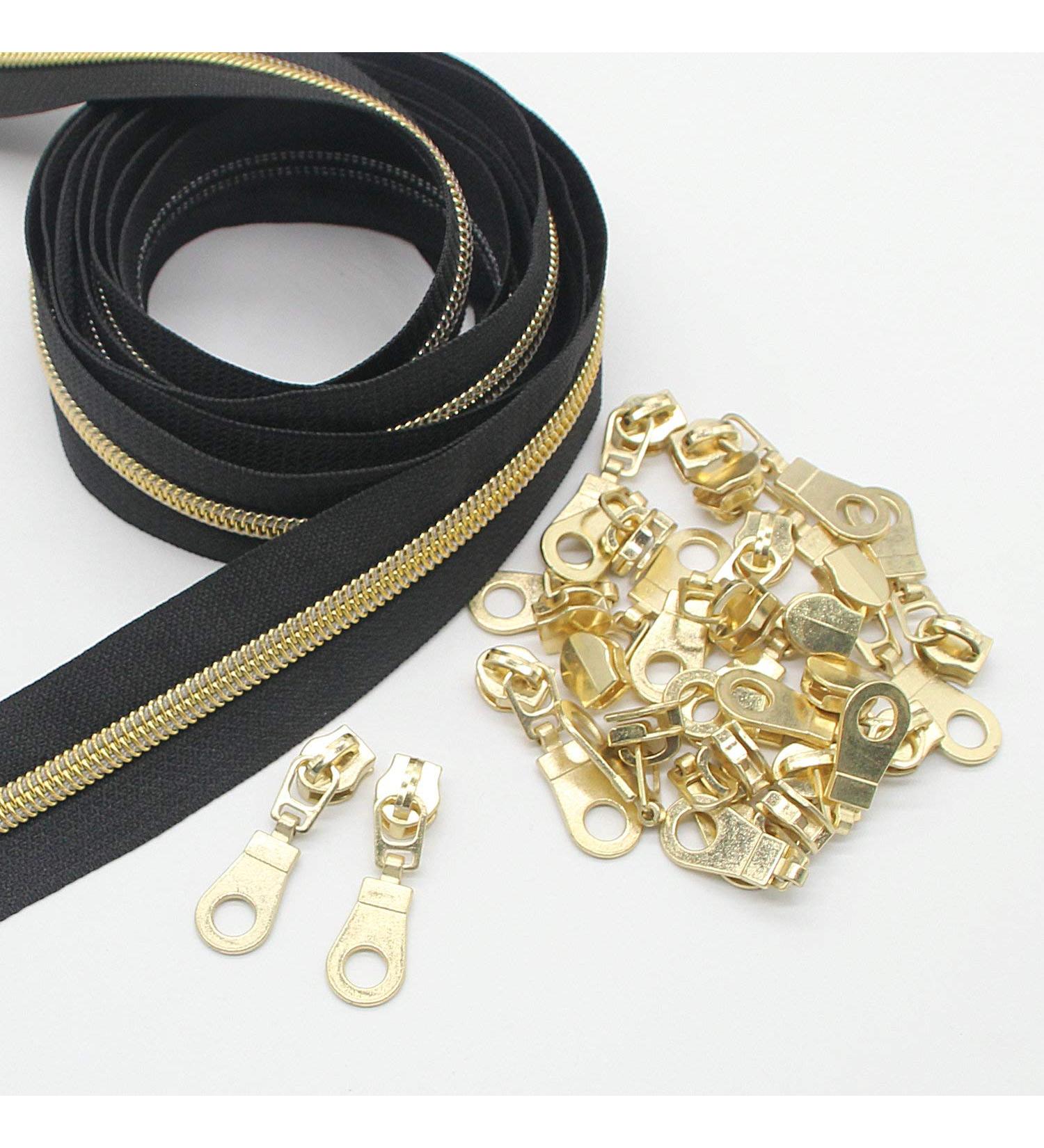 Leekayer 5 Gold Metallic Nylon Coil Zippers by The Yard - 10 Yards Black Tape with 25pcs Gold Sliders - DIY Sewing, Tailor Craft Bag - Black & Gold - Buy Online on GoSupps.com